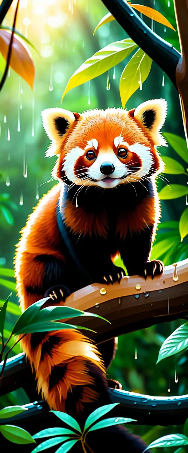 Dolce panda rosso sotto un albero in una giungla piovosa
