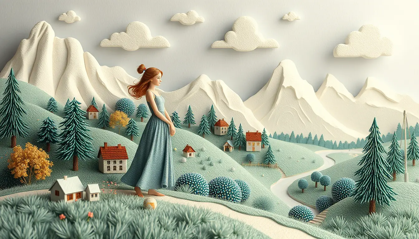 Paesaggio in feltro 3D fiabesco con figura femminile