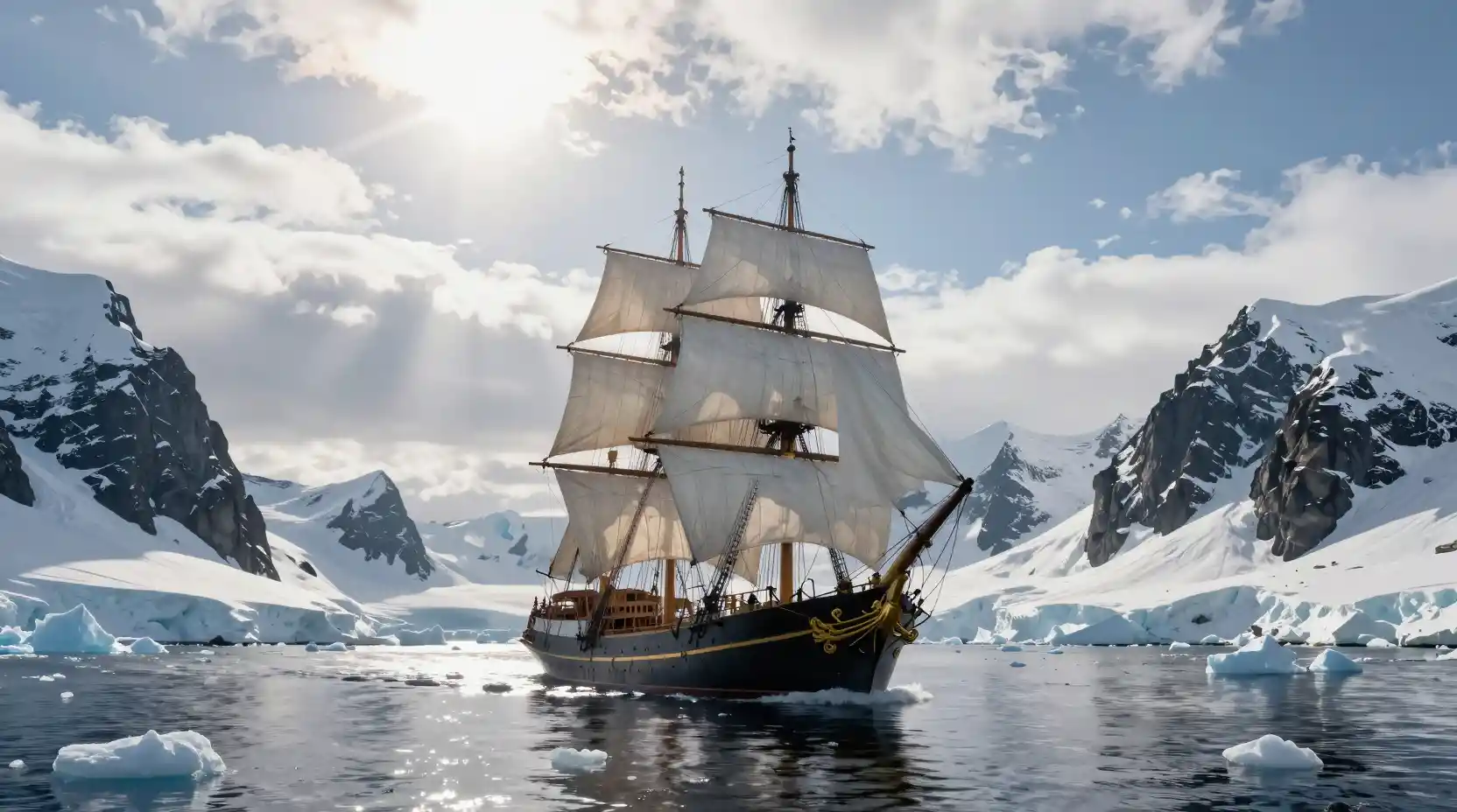 Tall sailing ship in icy polar fjord under sunlight