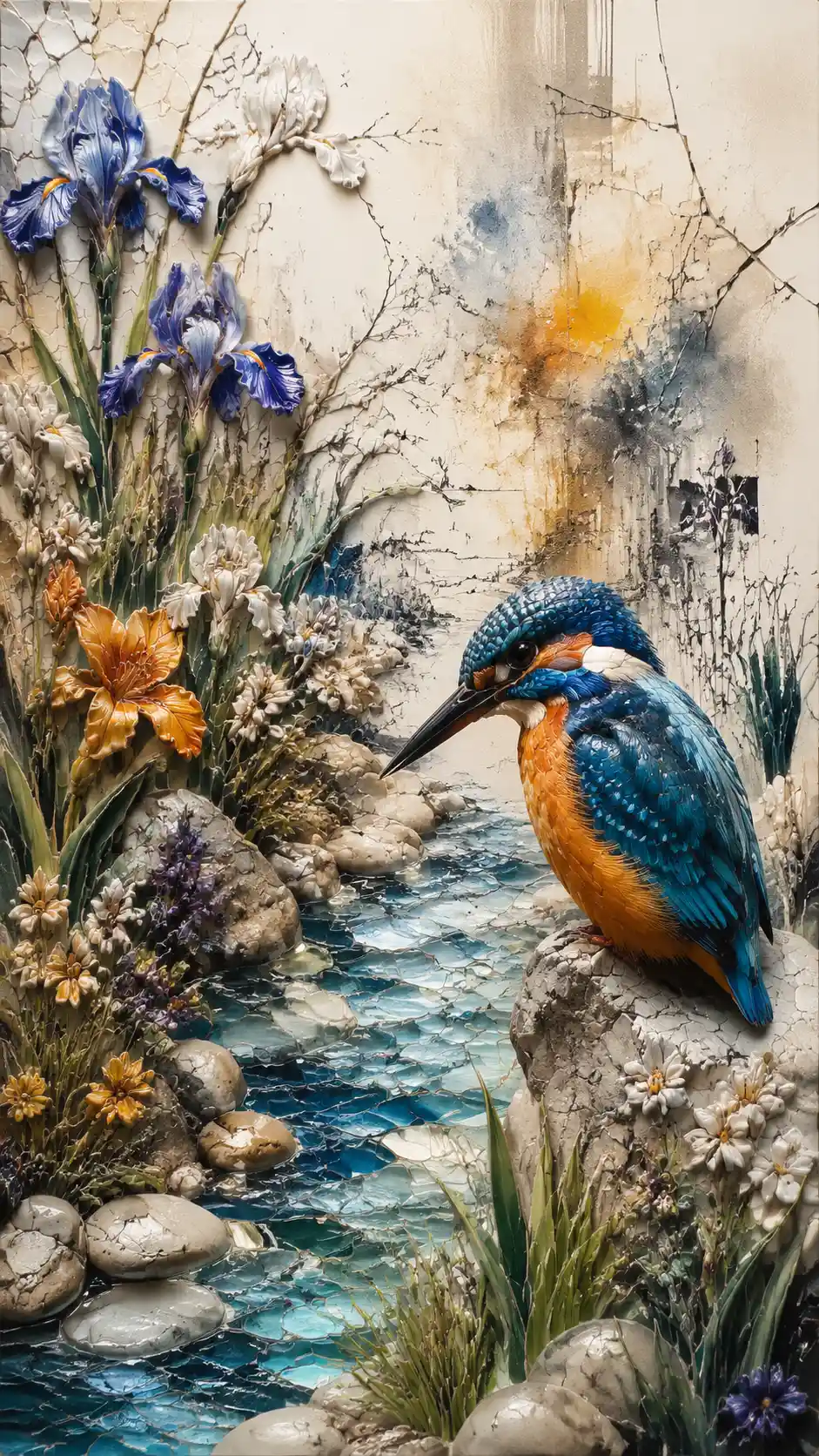 Martín pescador colorido junto a un arroyo en un vibrante jardín de flores