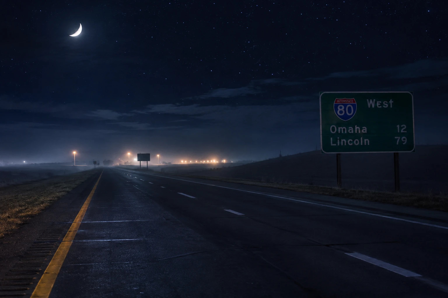 Carretera desierta de Nebraska bajo un cielo nocturno rural iluminado por la luna