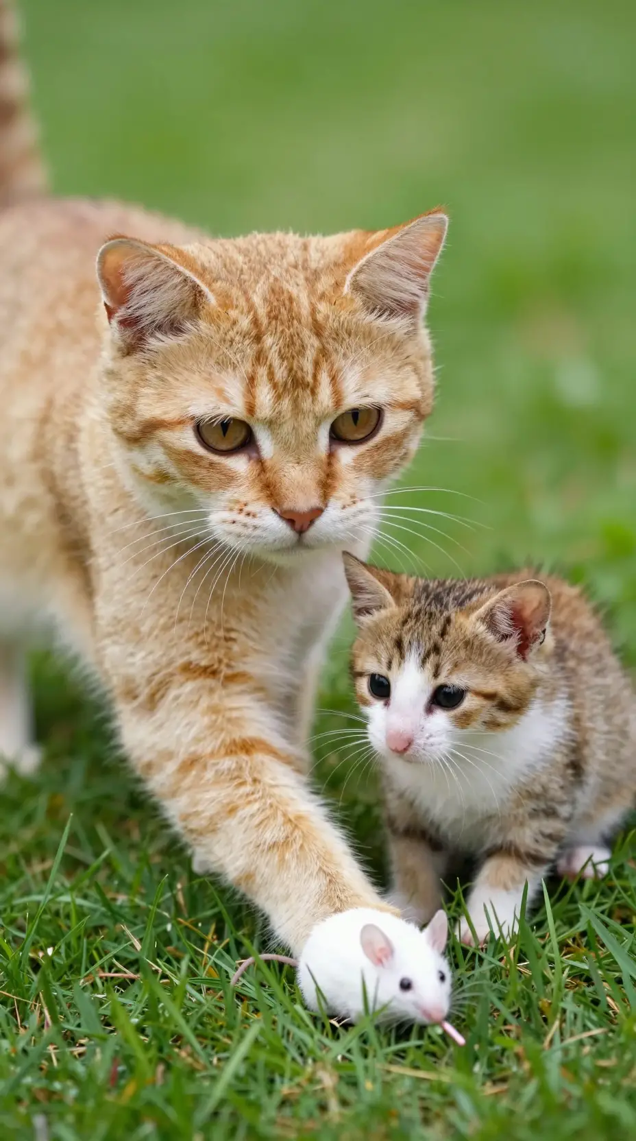 Erwachsene Katze und Kätzchen beobachten eine weiße Maus im Gras