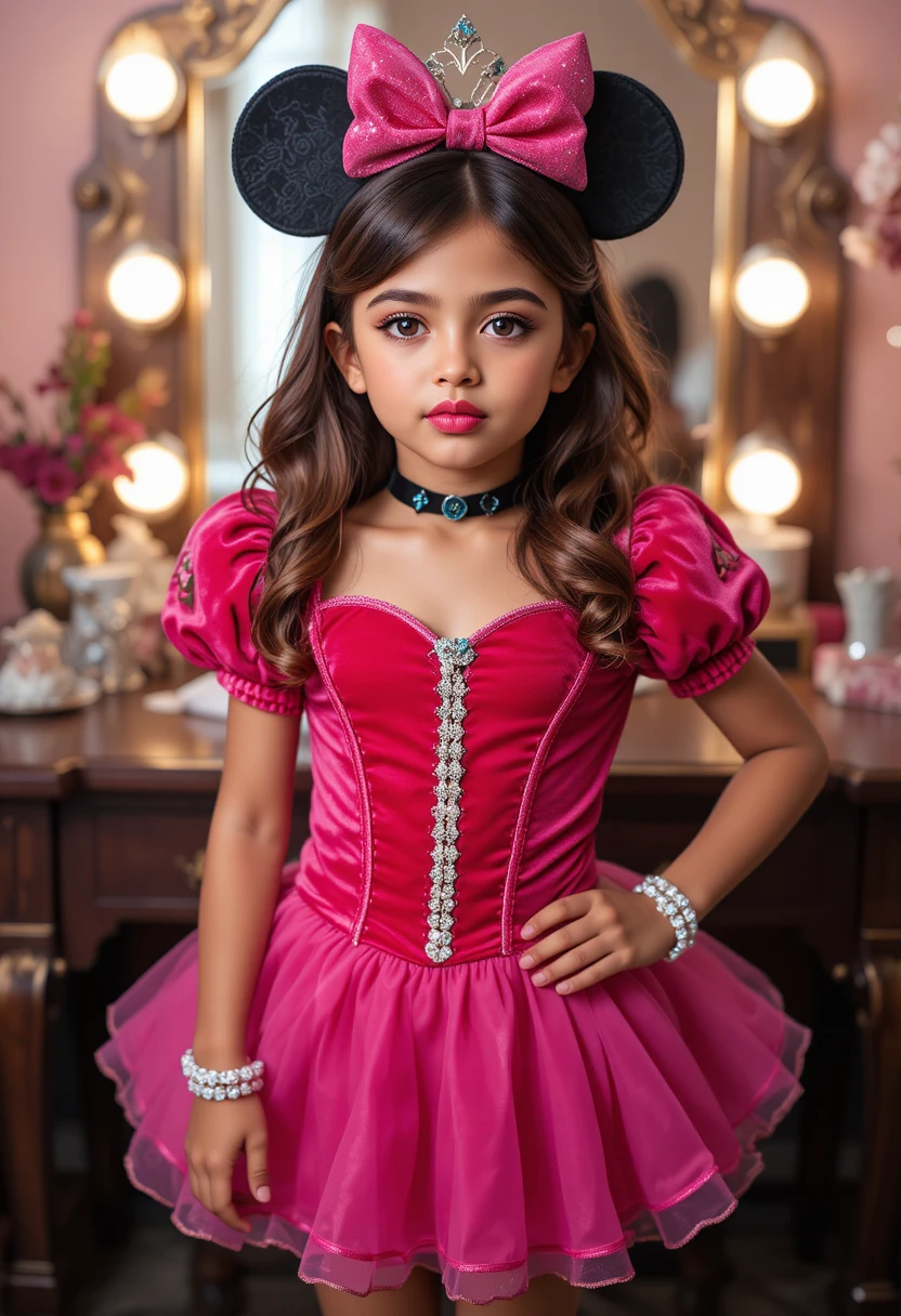 Menino com fantasia de princesa posando em frente à penteadeira