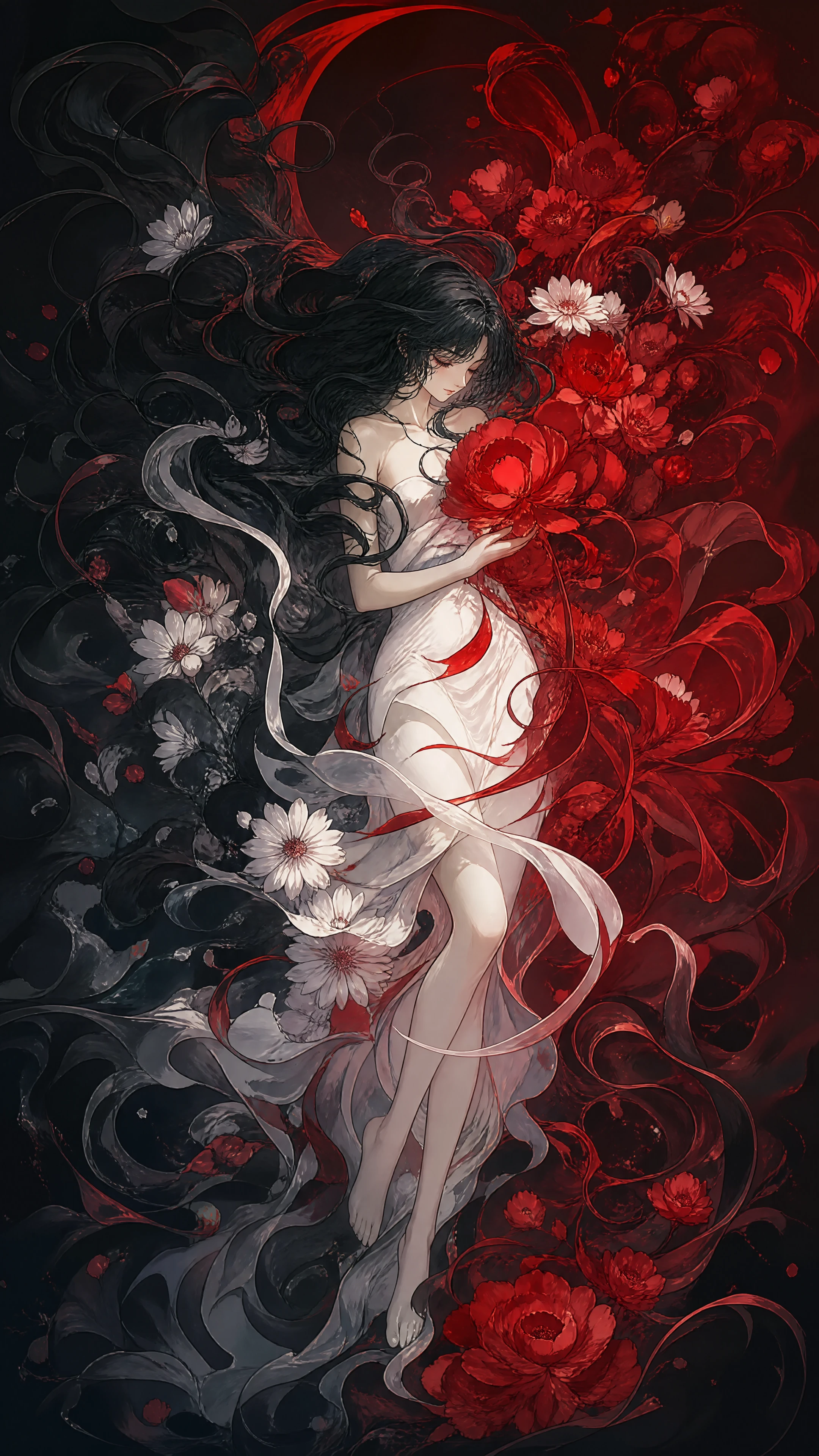 Dark fantasy woman framed in elegant ceremonial fashion