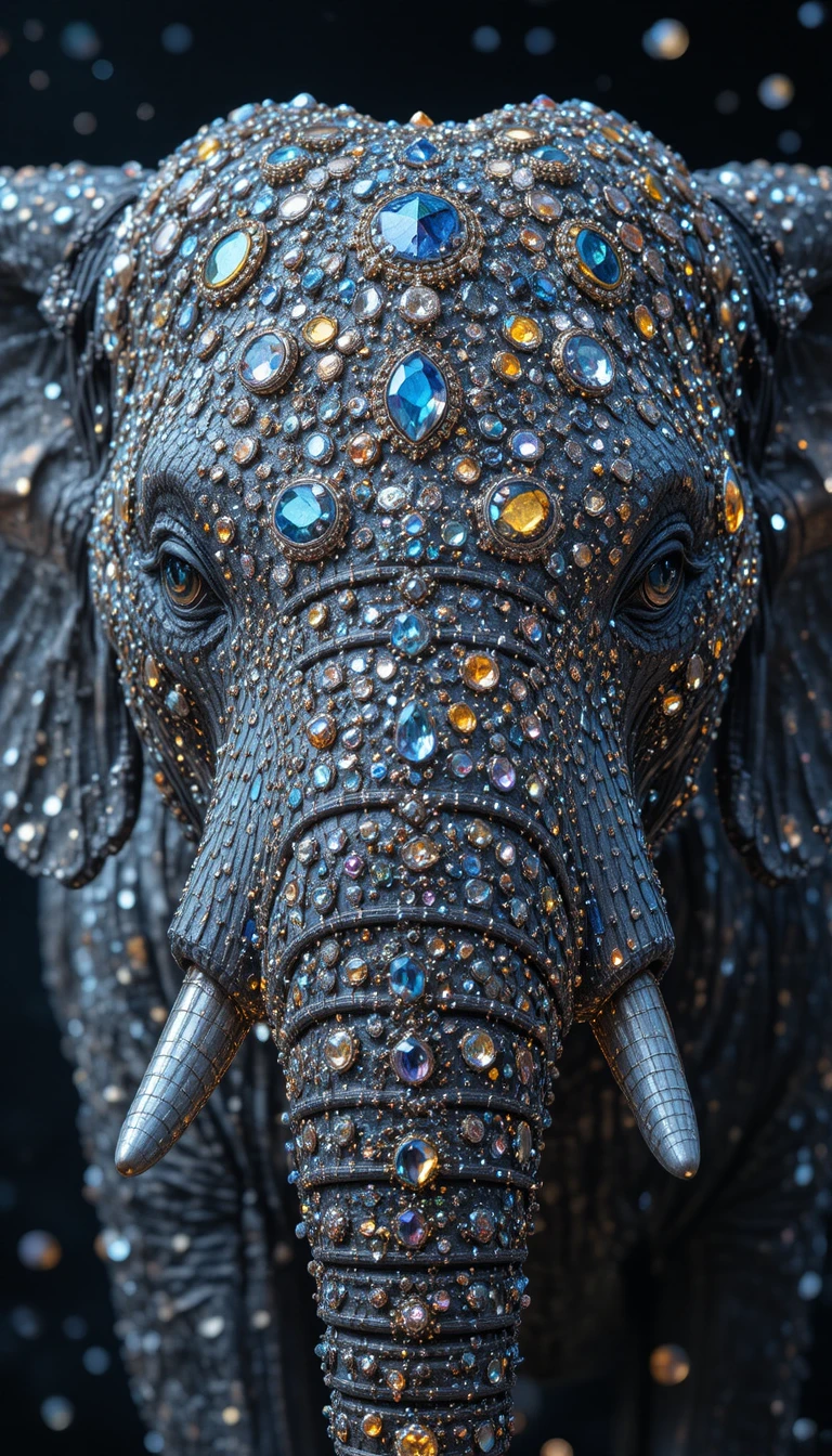 Primo piano di volto di elefante tempestato di gioielli con occhi dorati luminosi