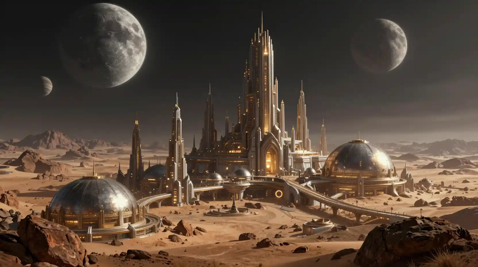 Cidade alienígena futurista com torres luminosas sob céus escuros