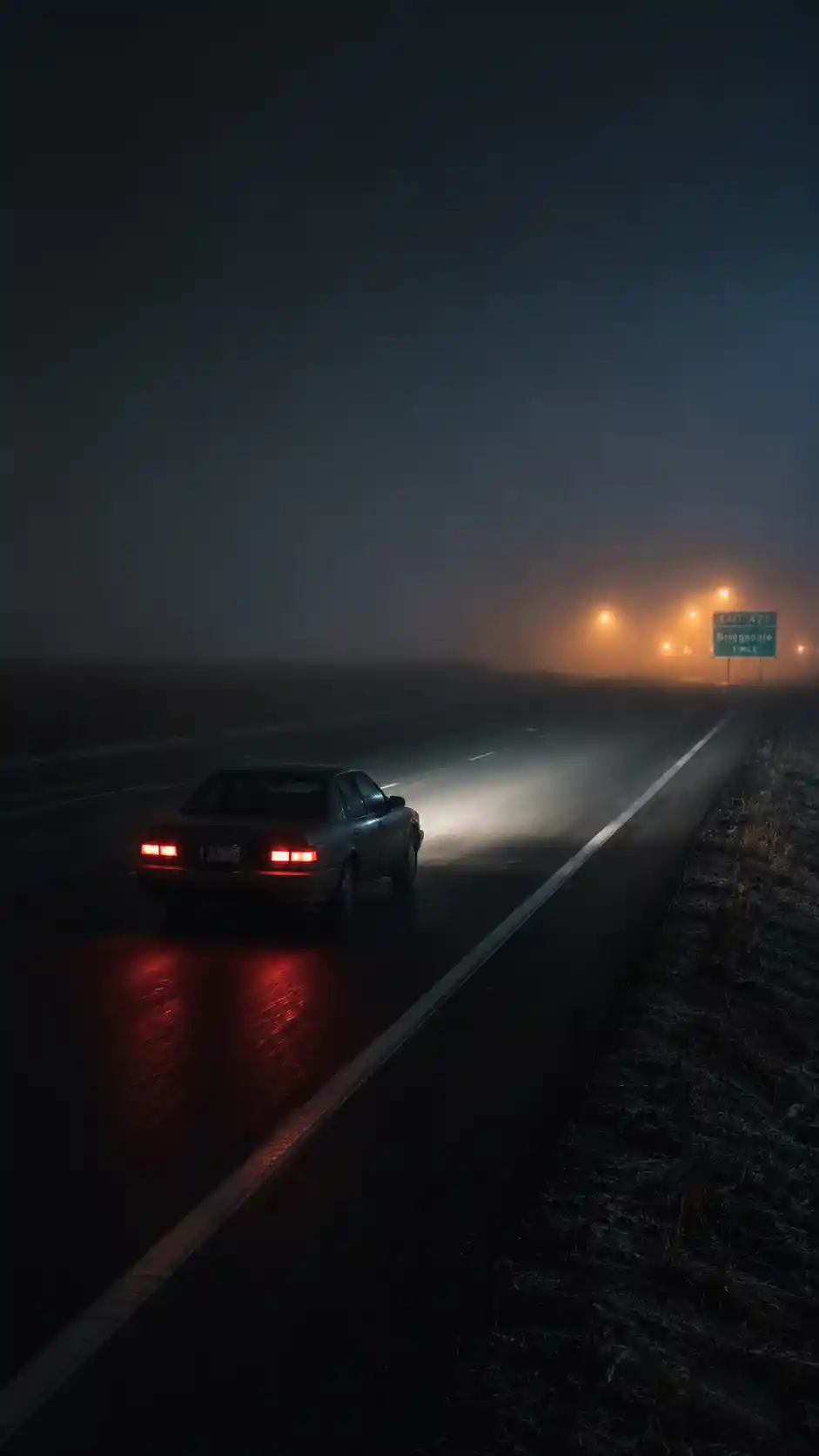 Carro solitário em rodovia nevoenta de Nebraska à noite