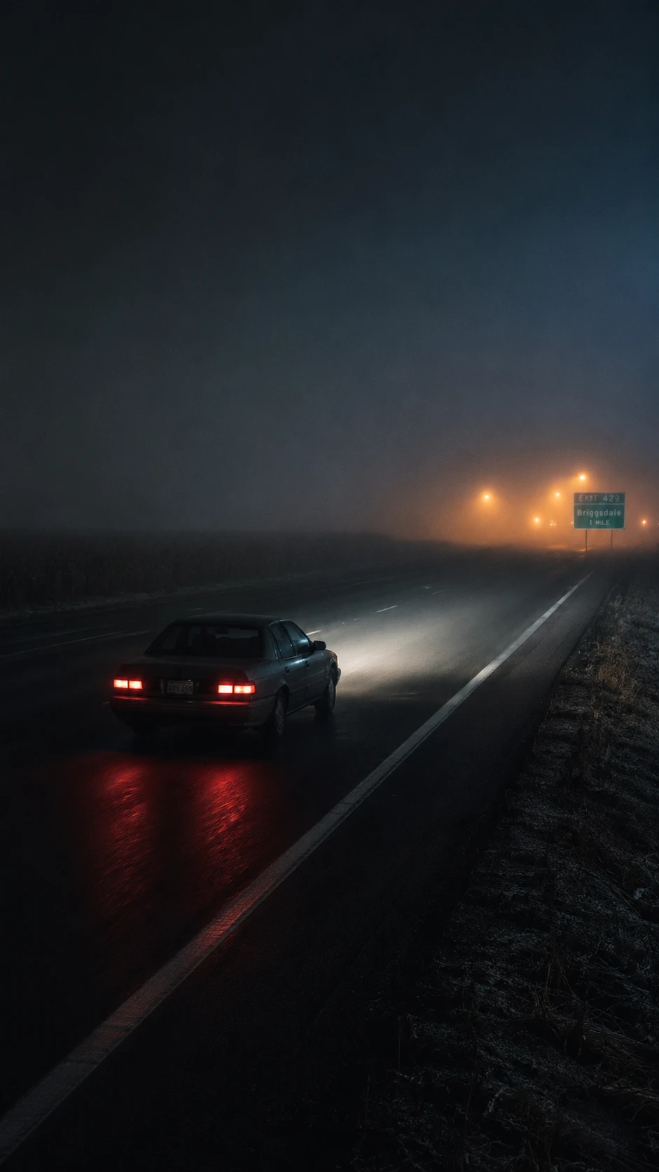 Carro solitário em rodovia nevoenta de Nebraska à noite