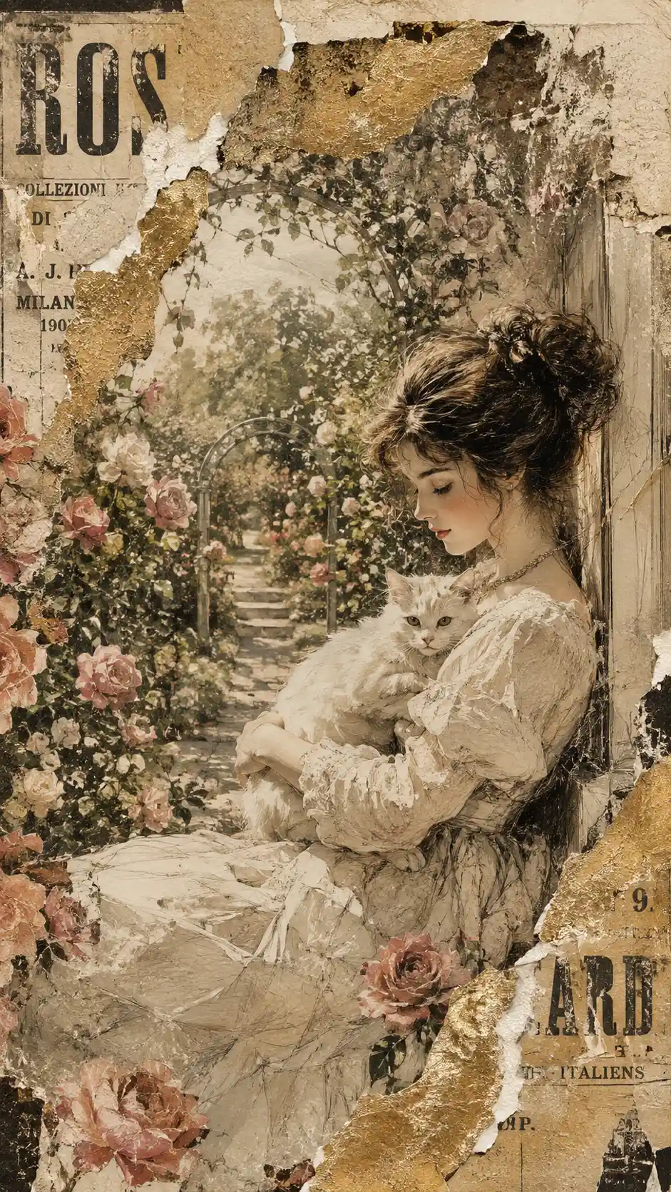 Elegante Dame mit weißer Katze in einem romantischen Rosengarten