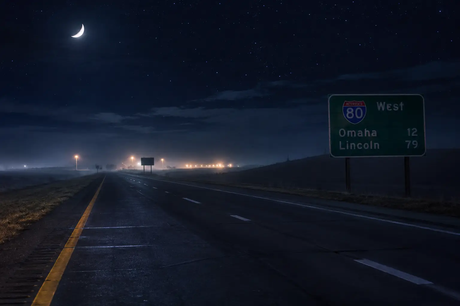 Desolate Nebraska highway under moonlit rural night sky