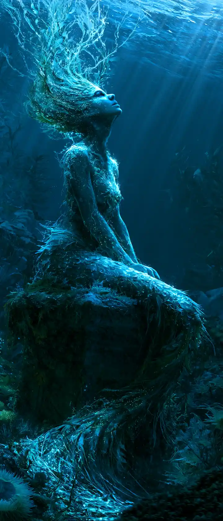 Ethereal mermaid resting on ancient stone in coral reef