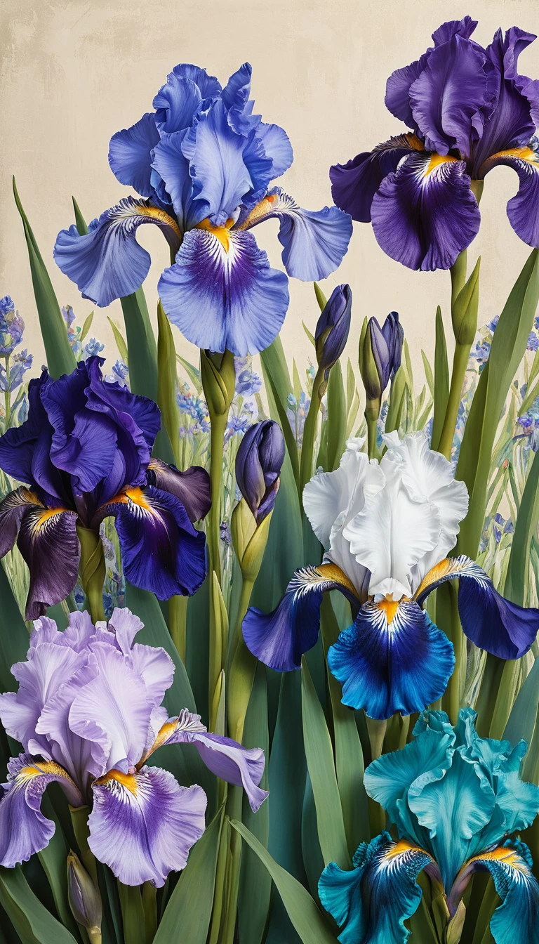 Ricco dipinto a olio di iris viola e blu in piena fioritura