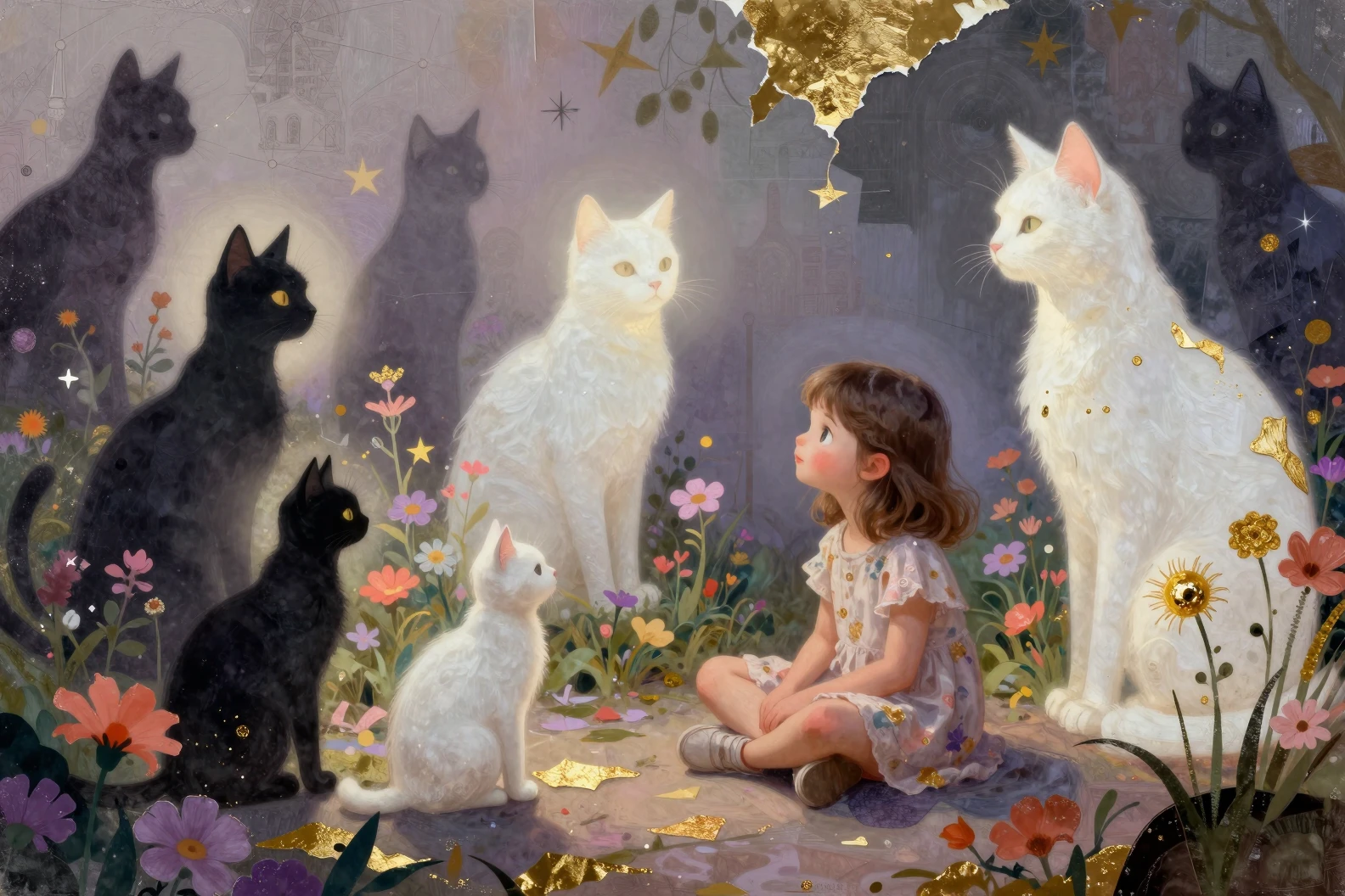 Menina conversando com gatos surreais em um jardim de flores brilhante