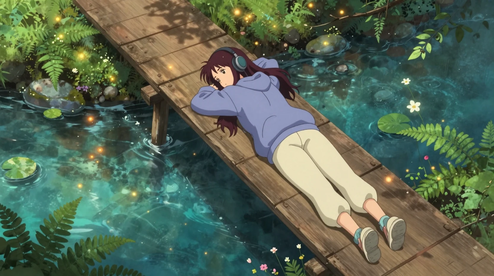 Mulher de anime descansando em ponte de madeira sobre riacho na floresta