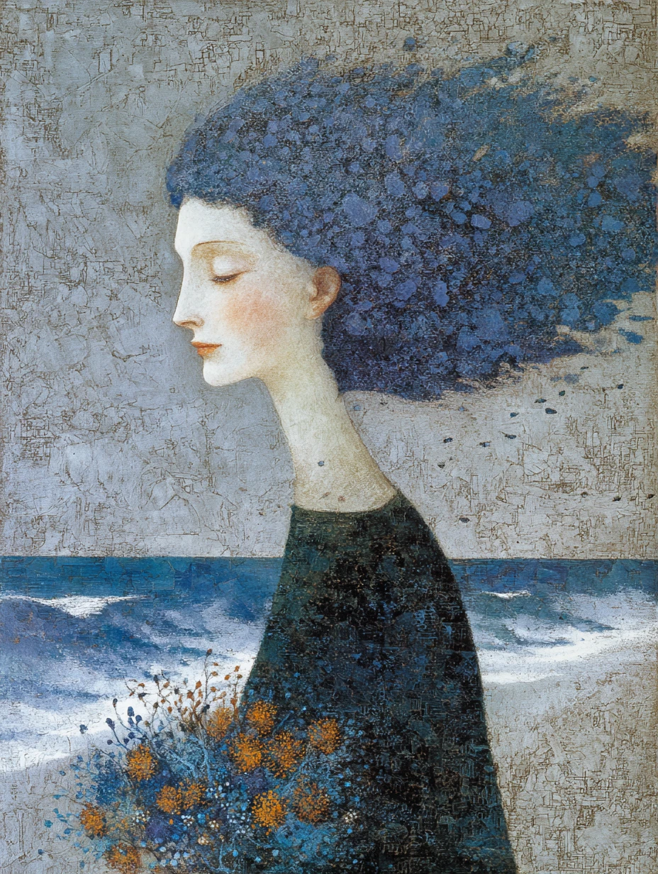 Retrato surreal de uma mulher alegre tecendo flores com espuma do mar