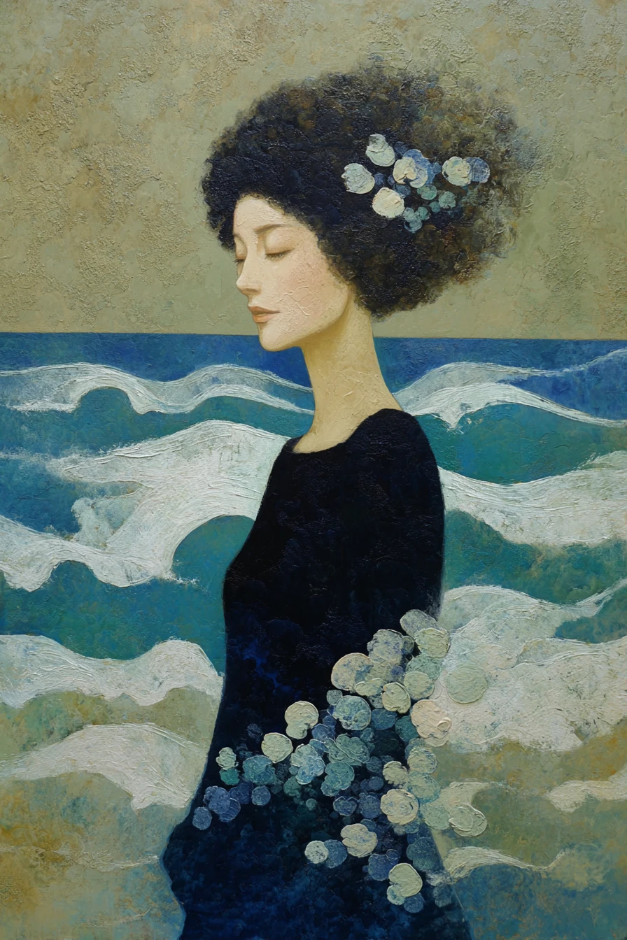 Retrato surreal de uma senhora tecendo flores a partir do mar