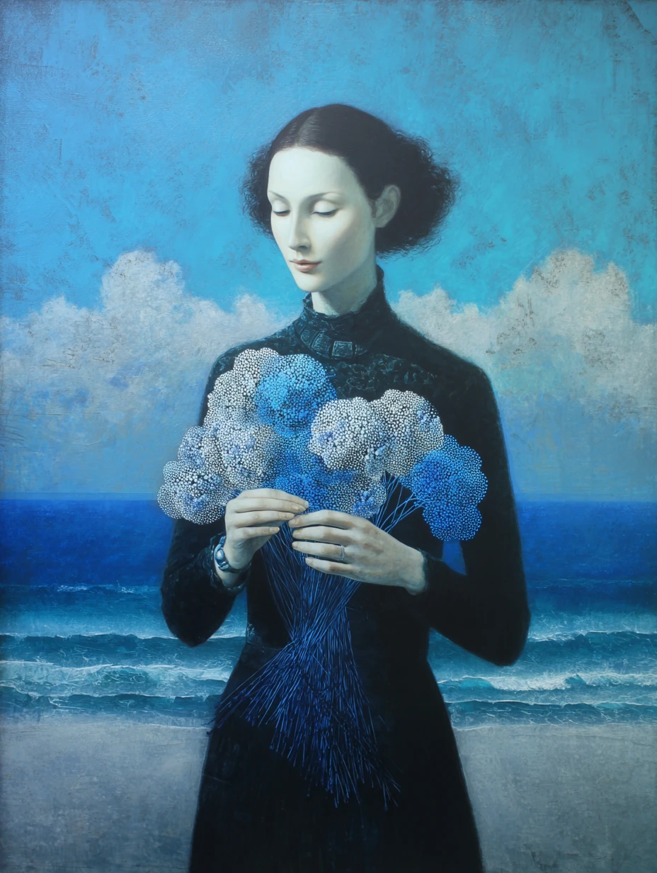 Senhora mais velha surreal tecendo flores a partir do mar azul