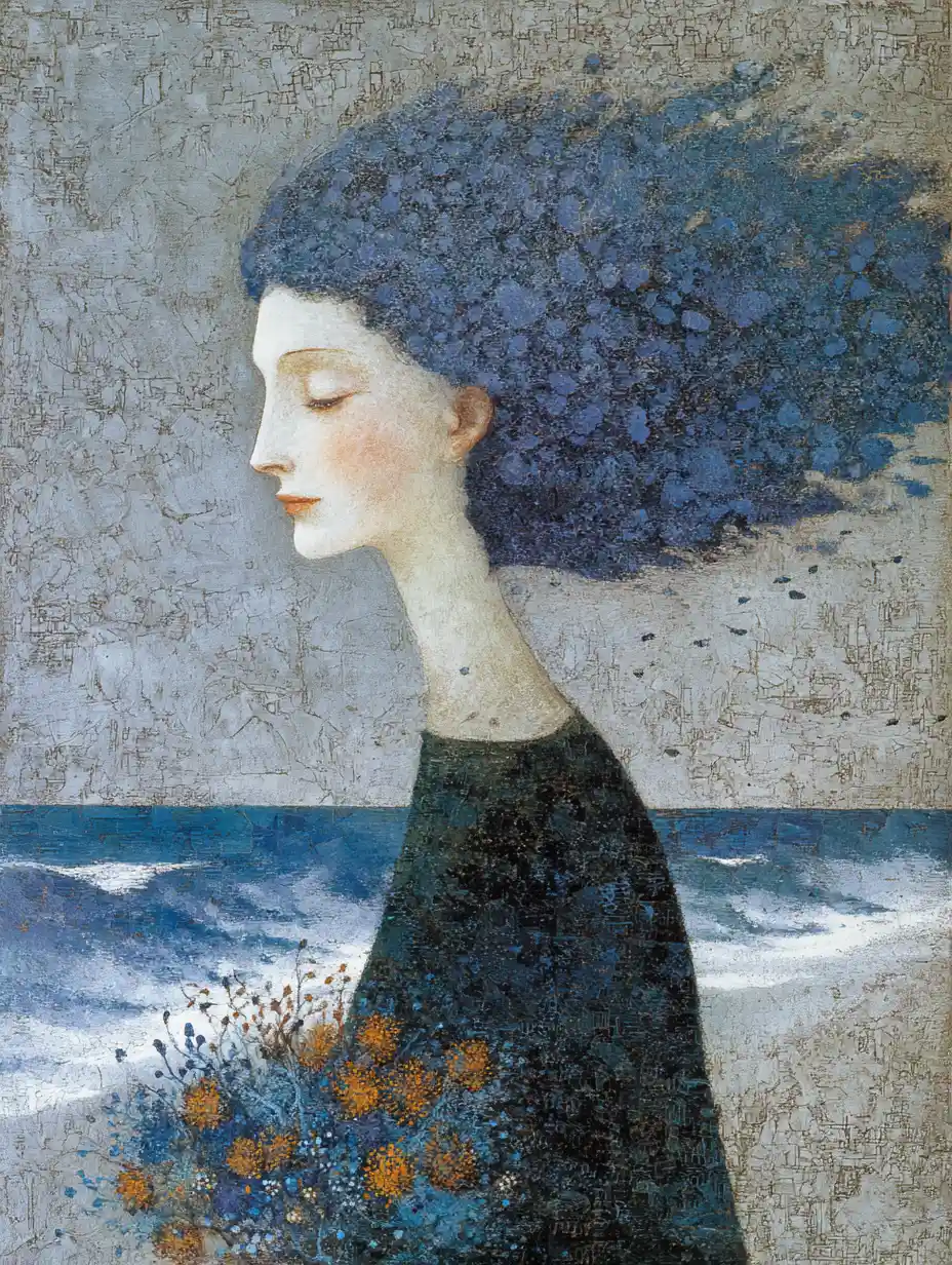 Retrato surreal de uma mulher alegre tecendo flores com espuma do mar