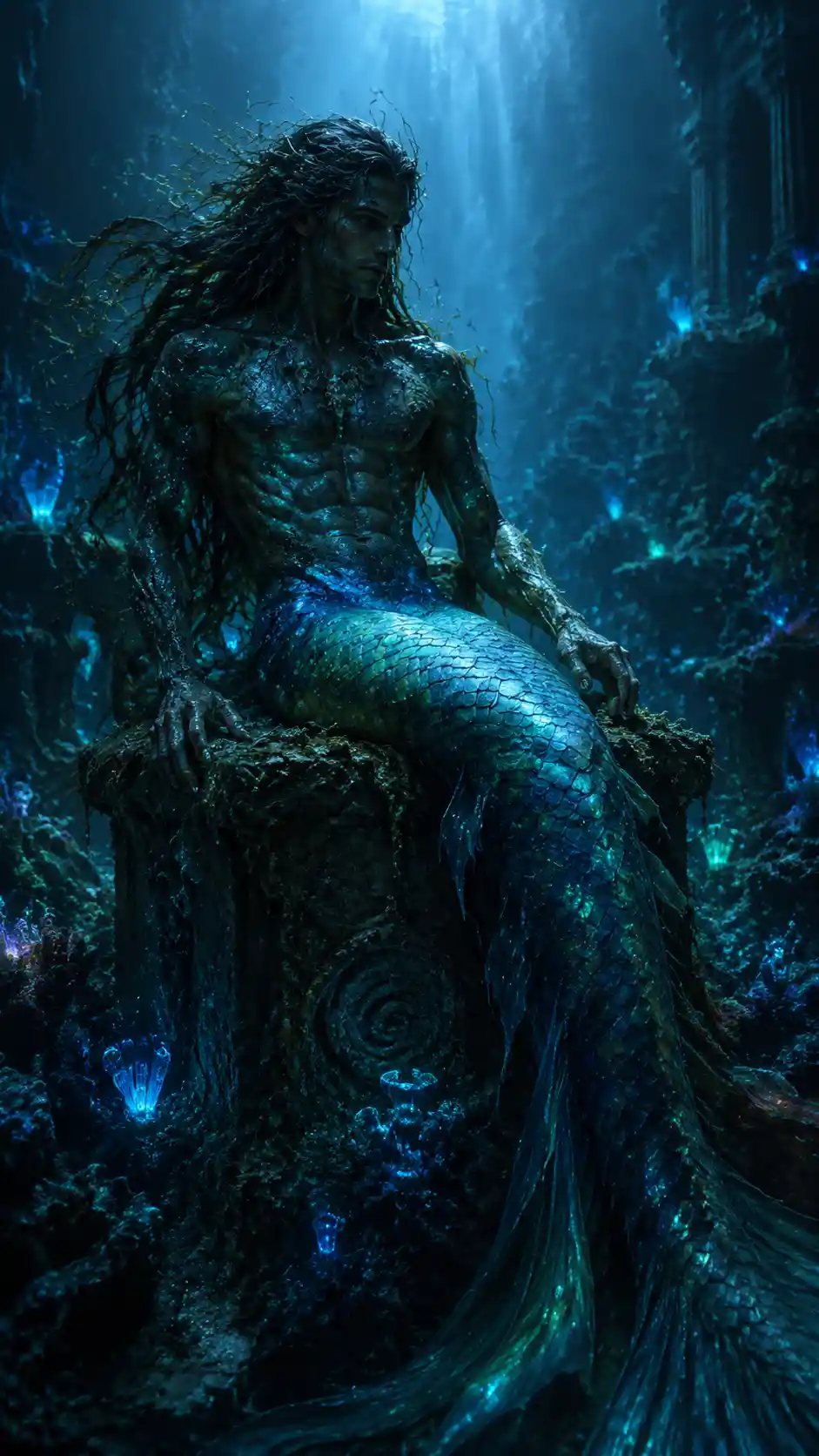 魔法のサンゴ礁で憂いに沈む人魚の男性
