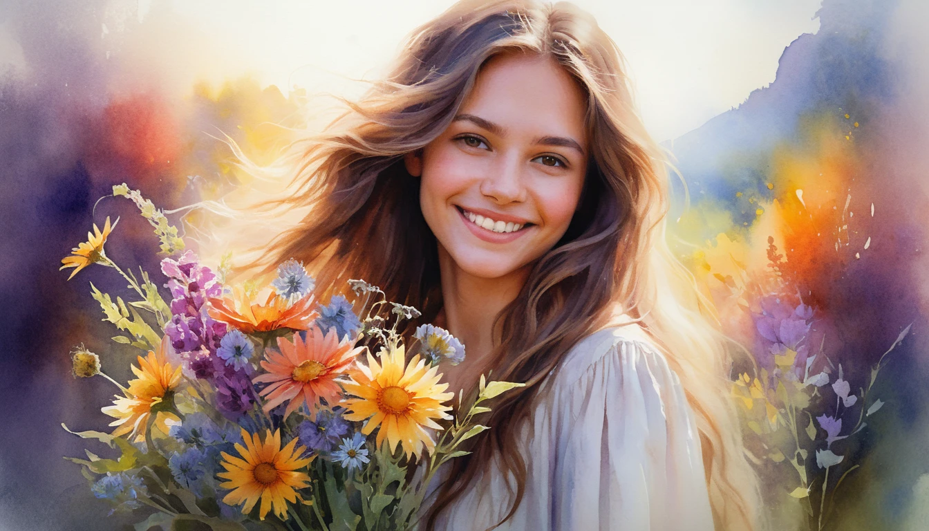 Jovem mulher com flores silvestres em retrato iluminado por contraluz