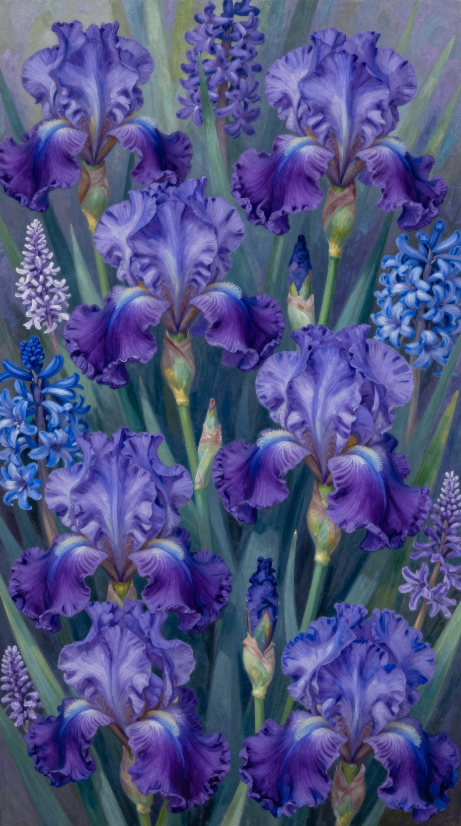 Ricco dipinto a olio con iris viola e blu