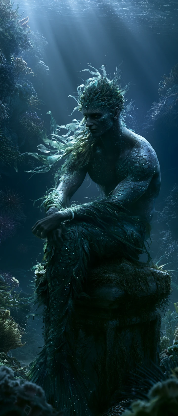 Melancholic merman resting in an enchanted coral reef