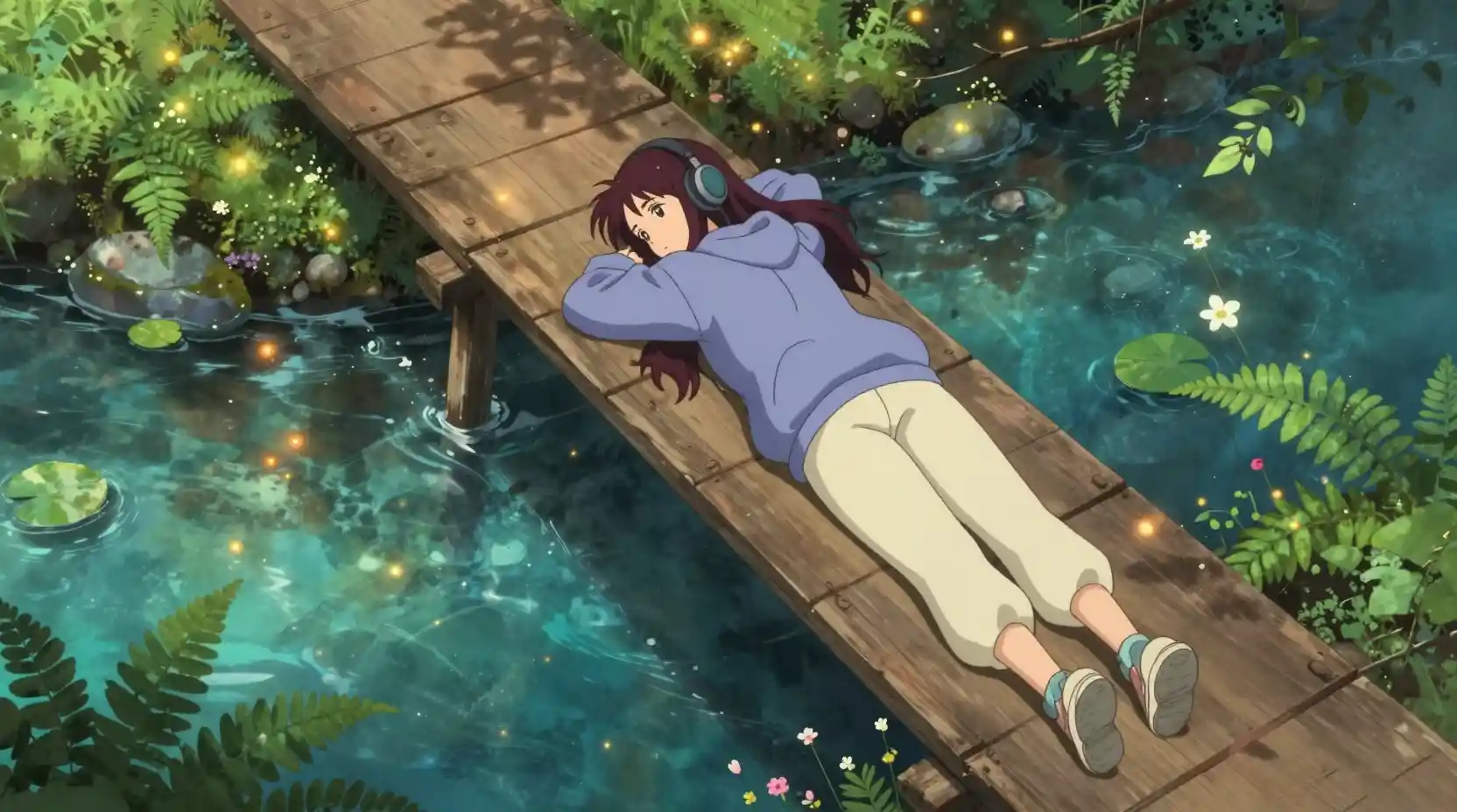 Femme anime se reposant sur un pont en bois au-dessus d’un ruisseau forestier
