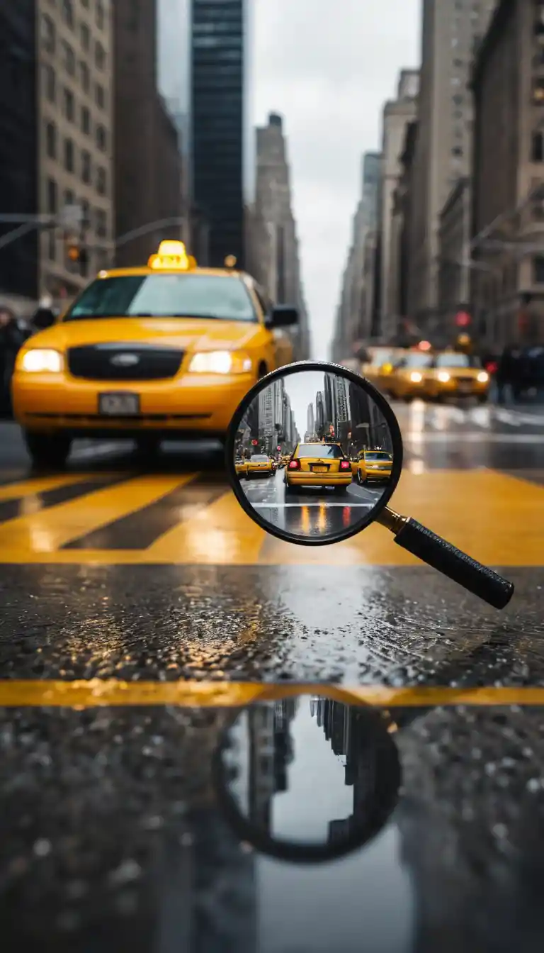 Táxi amarelo emoldurado por uma lupa de mão