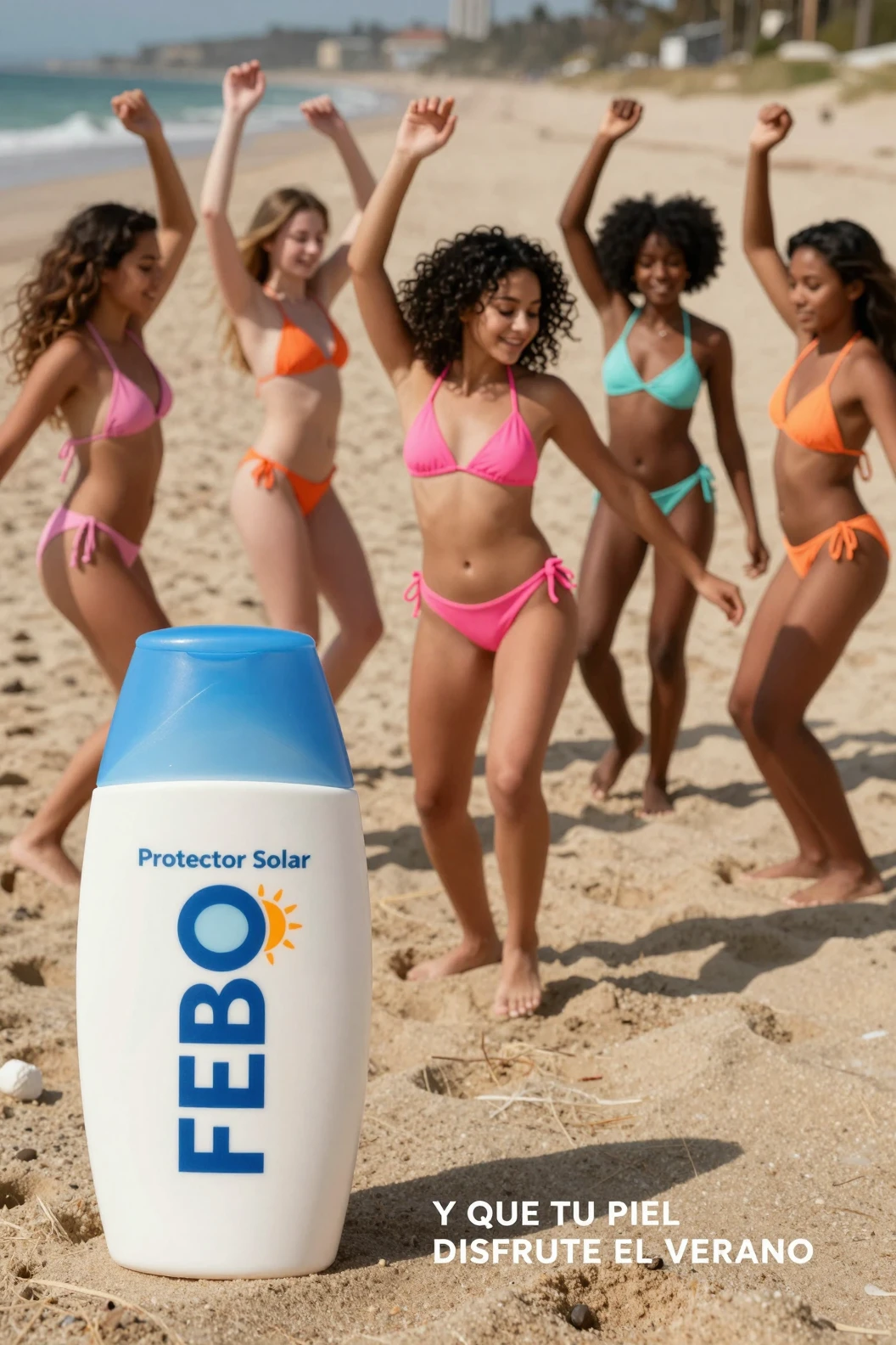 Gruppe von Frauen, die im Bikini am sonnigen Strand tanzen