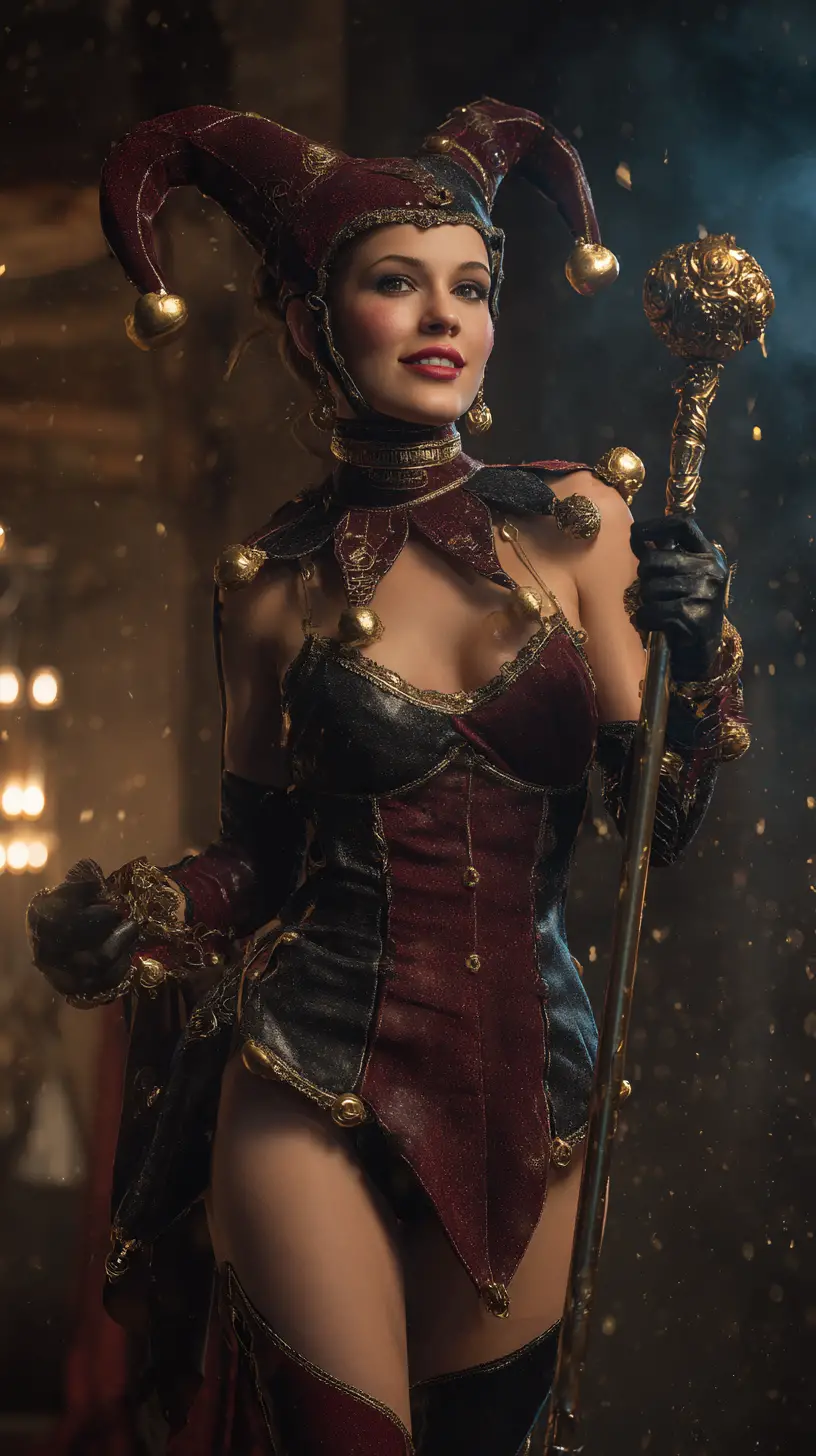 Female court jester on stage in dramatic cinematic portrait