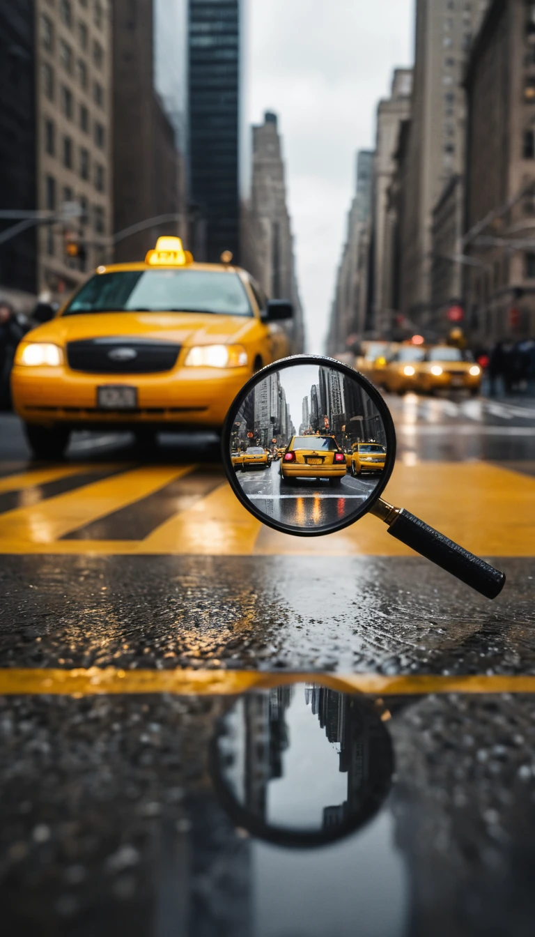 Táxi amarelo emoldurado por uma lupa de mão