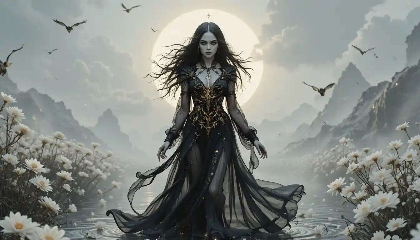 Dark priestess with golden tattoos in a white realm