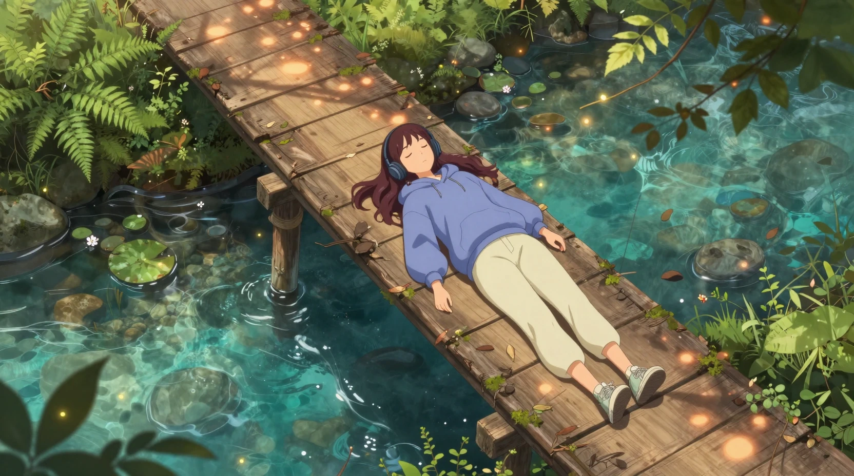 Femme d’anime se reposant sur un pont rustique au-dessus d’un ruisseau forestier