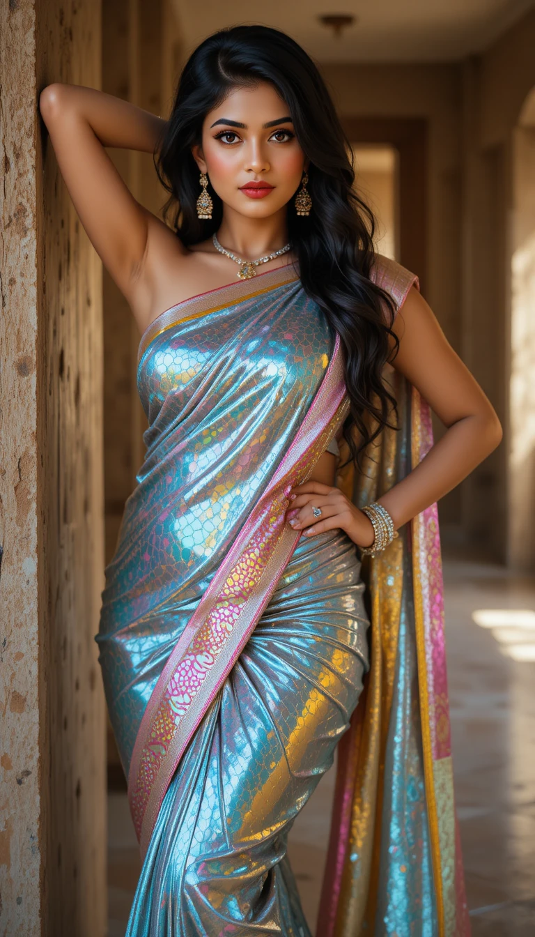 Donna tamil in sari riflettente appoggiata a una parete