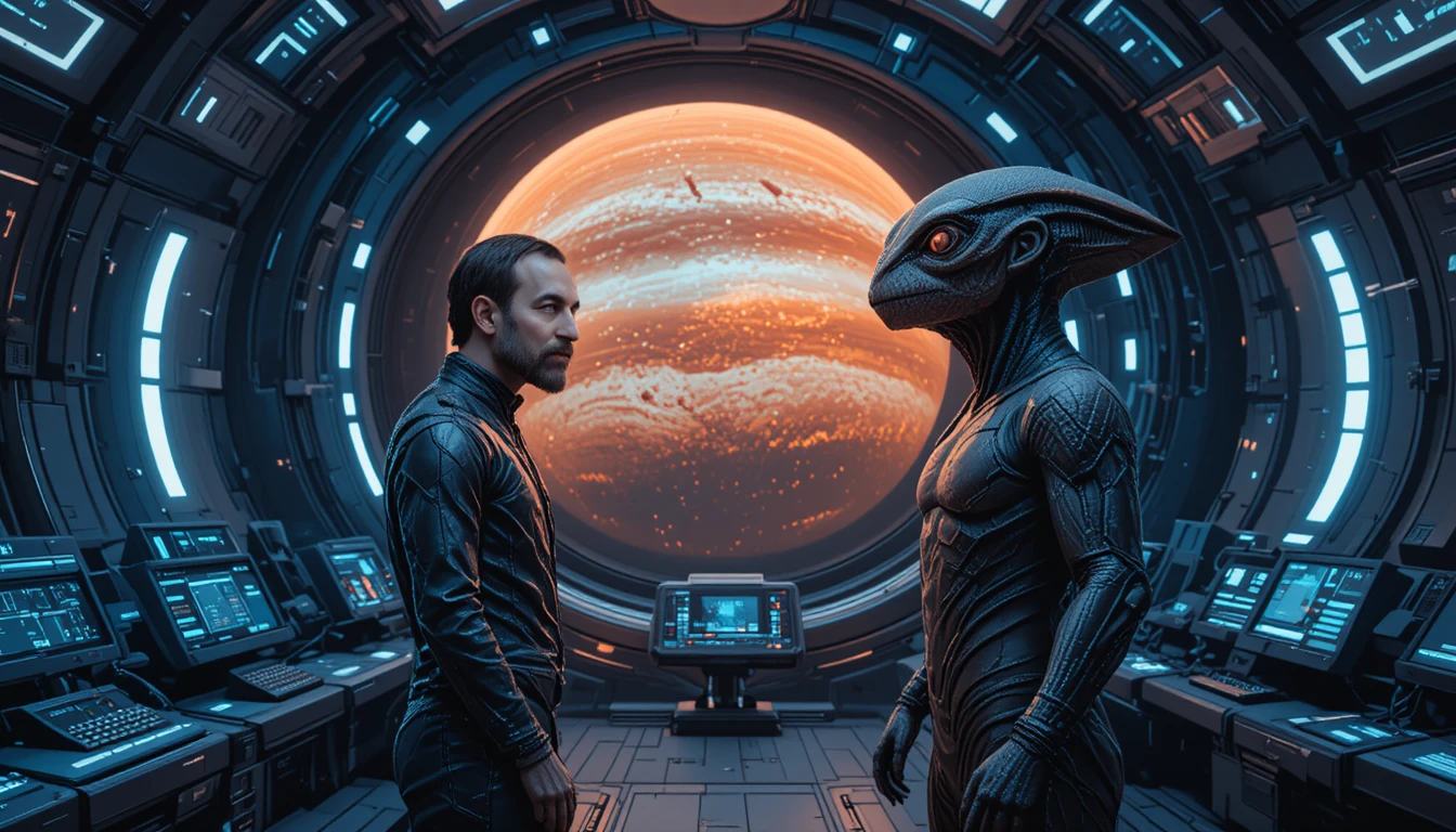 Menschlicher Offizier konfrontiert Alien auf der Brücke eines Raumschiffs