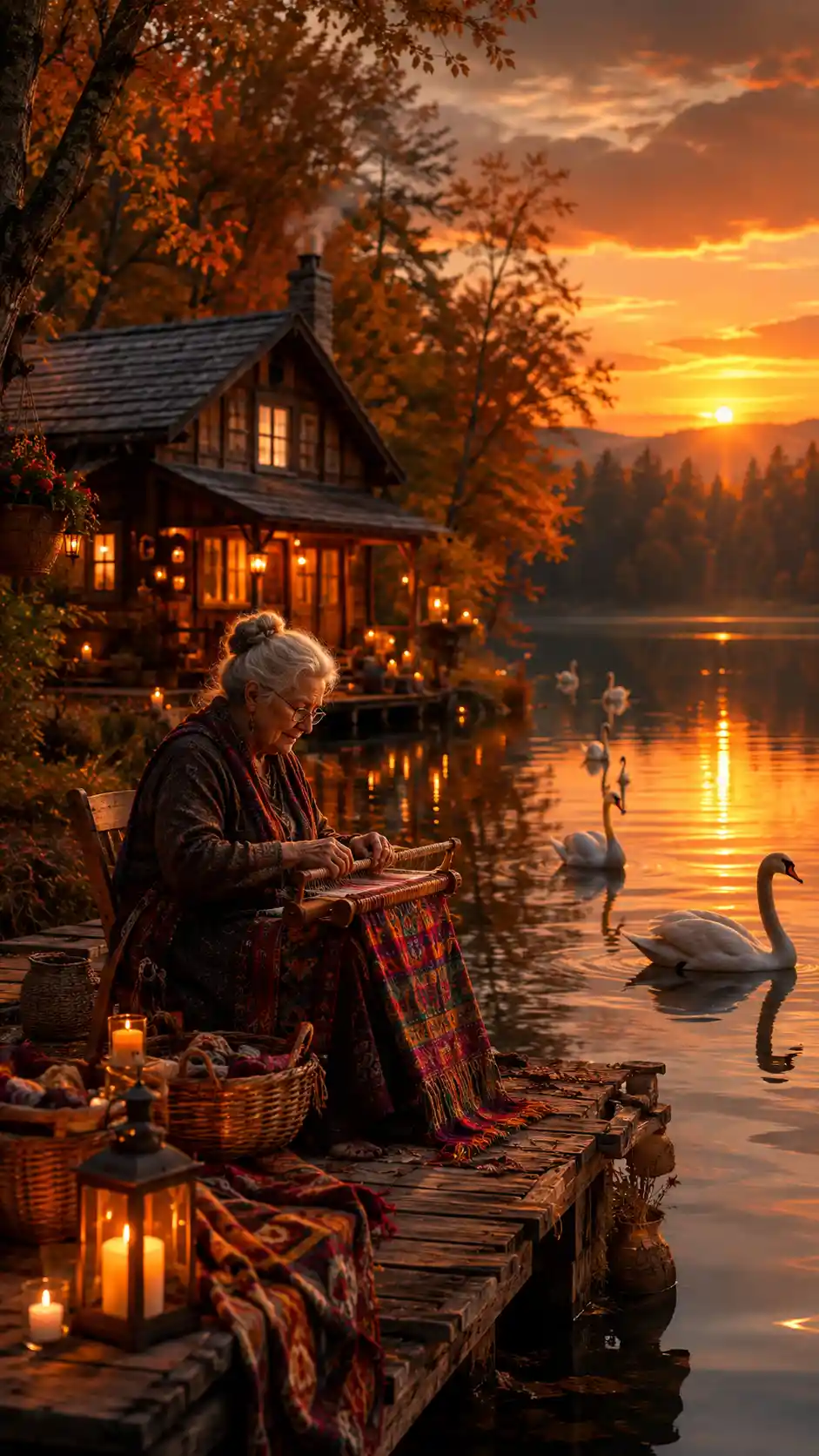 Candlelit Lakeside Cabin At Sunset With Weaving Grandmother