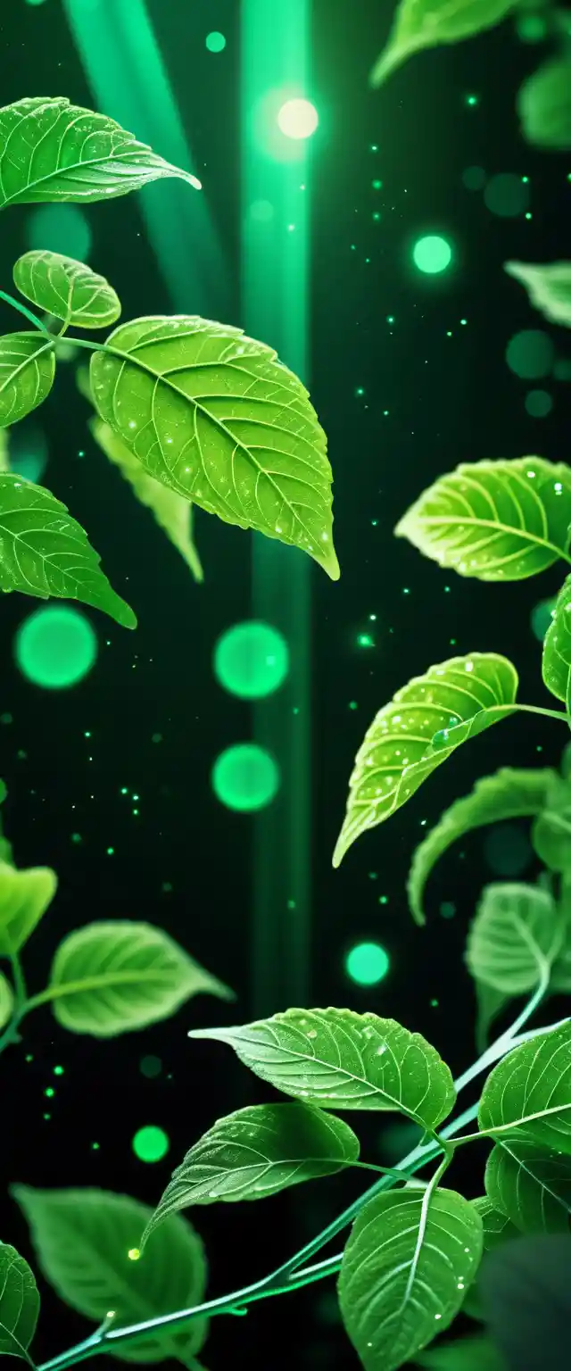 Folha verde brilhante com partículas cintilantes no espaço digital