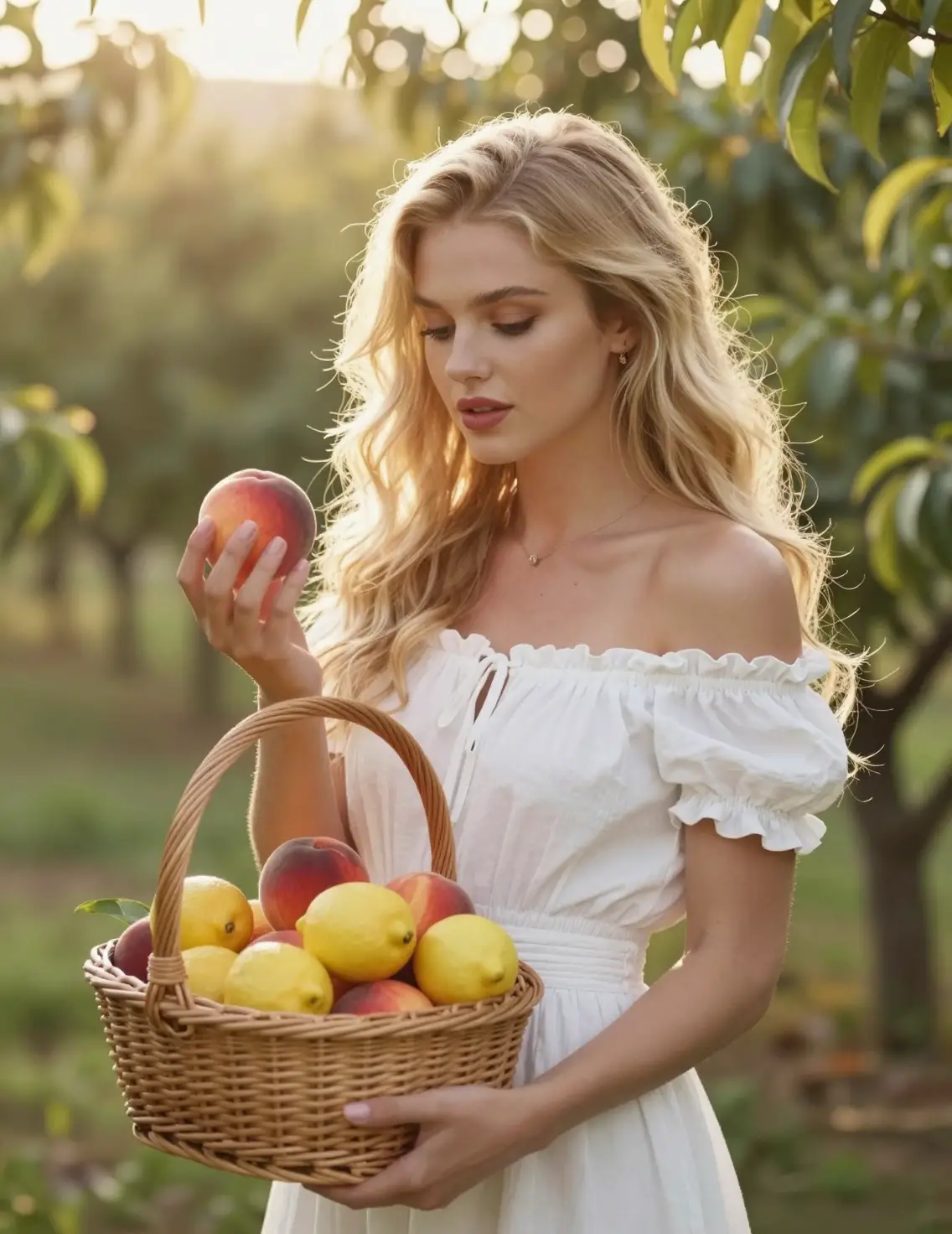 Young woman with fruit basket in a sunny orchard