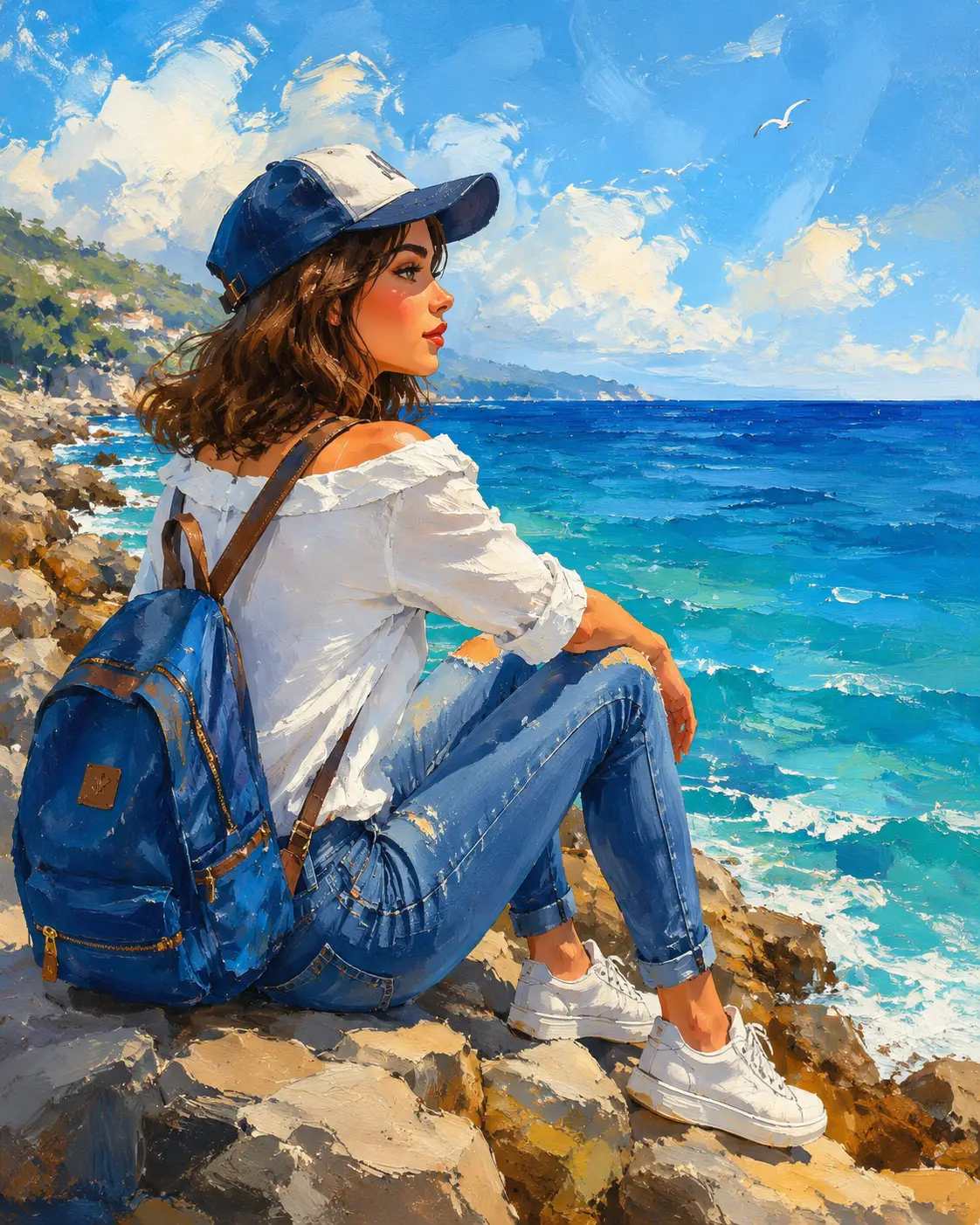 Girl on rocky coast looking at the summer sea