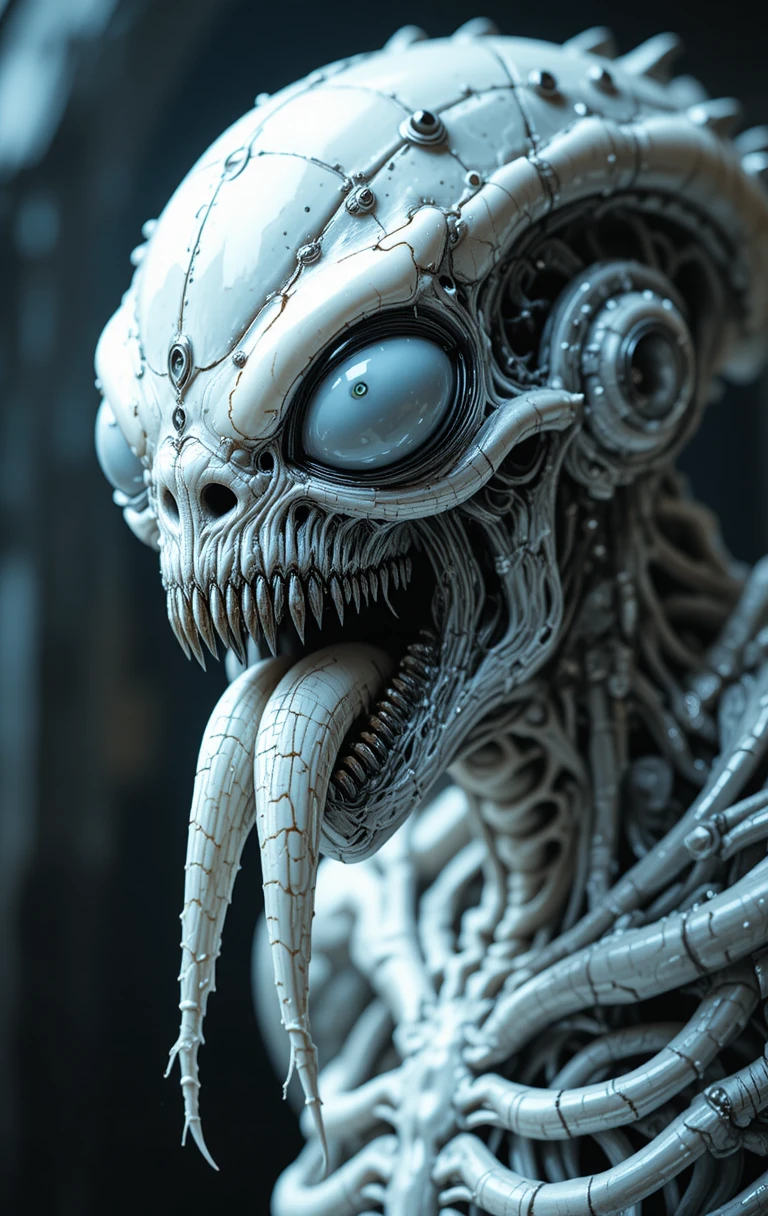 Monstro alienígena cibernético com ossos de cromo e línguas de serpente