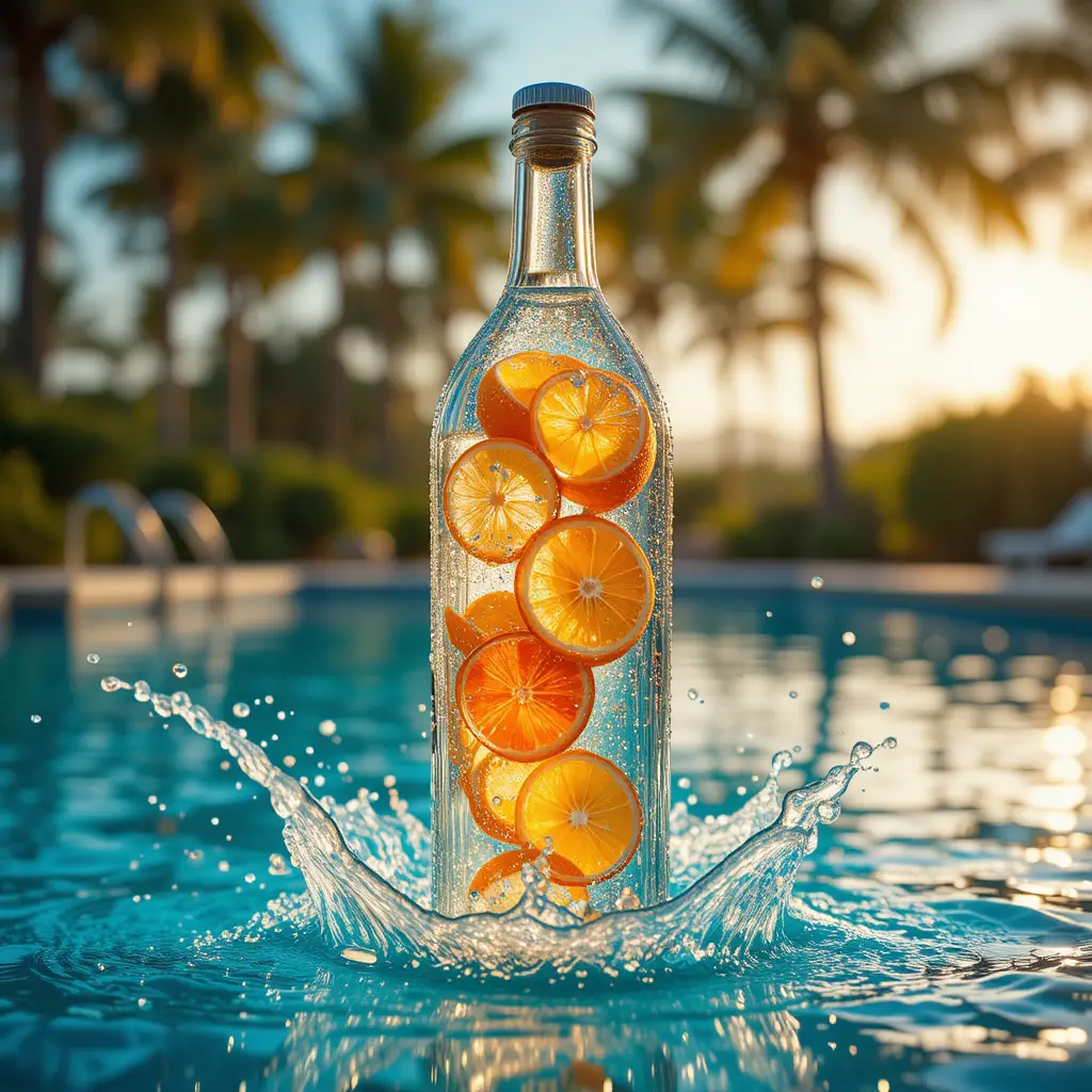 Botella de vidrio de lujo salpicando en una piscina bañada por el sol