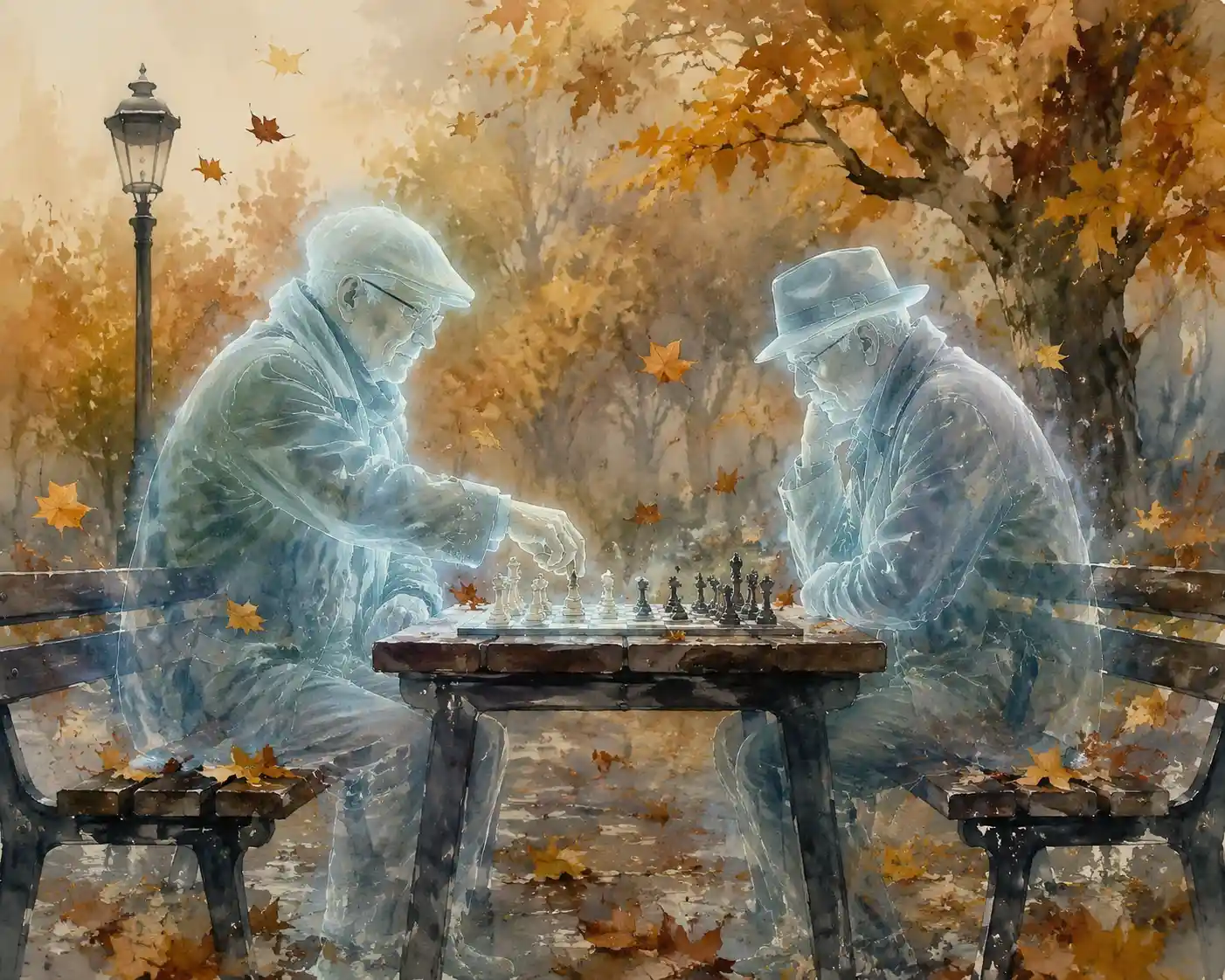 Duas figuras fantasmagóricas jogando xadrez em um banco de parque