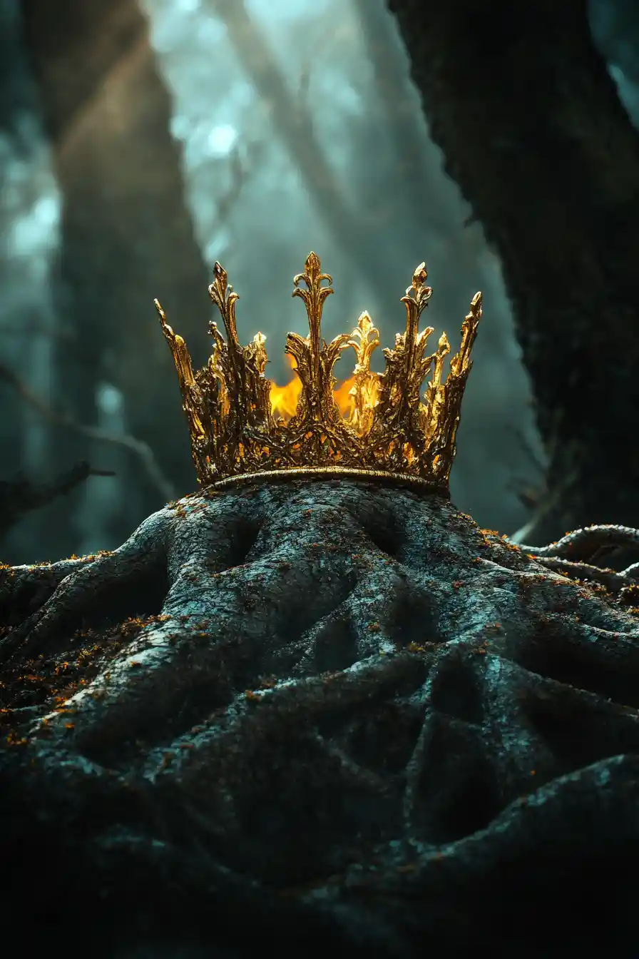 Couronne brisée s’élevant du feu dans une scène de dark fantasy