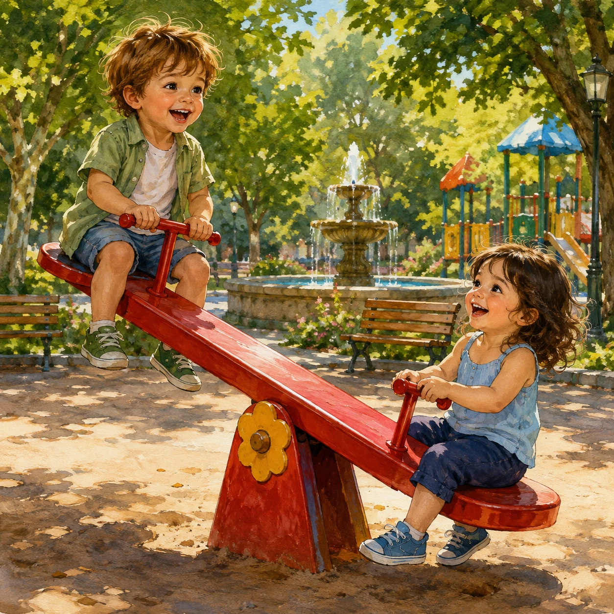 Irmão e irmã brincando em um balanço de parque vermelho