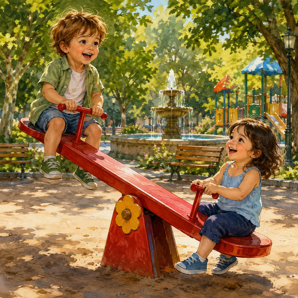 Bruder und Schwester spielen auf einer roten Spielplatz-Wippe