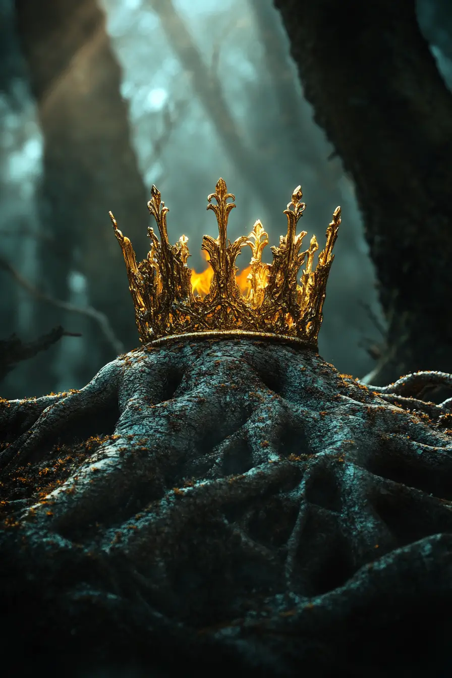 Couronne brisée s’élevant du feu dans une scène de dark fantasy