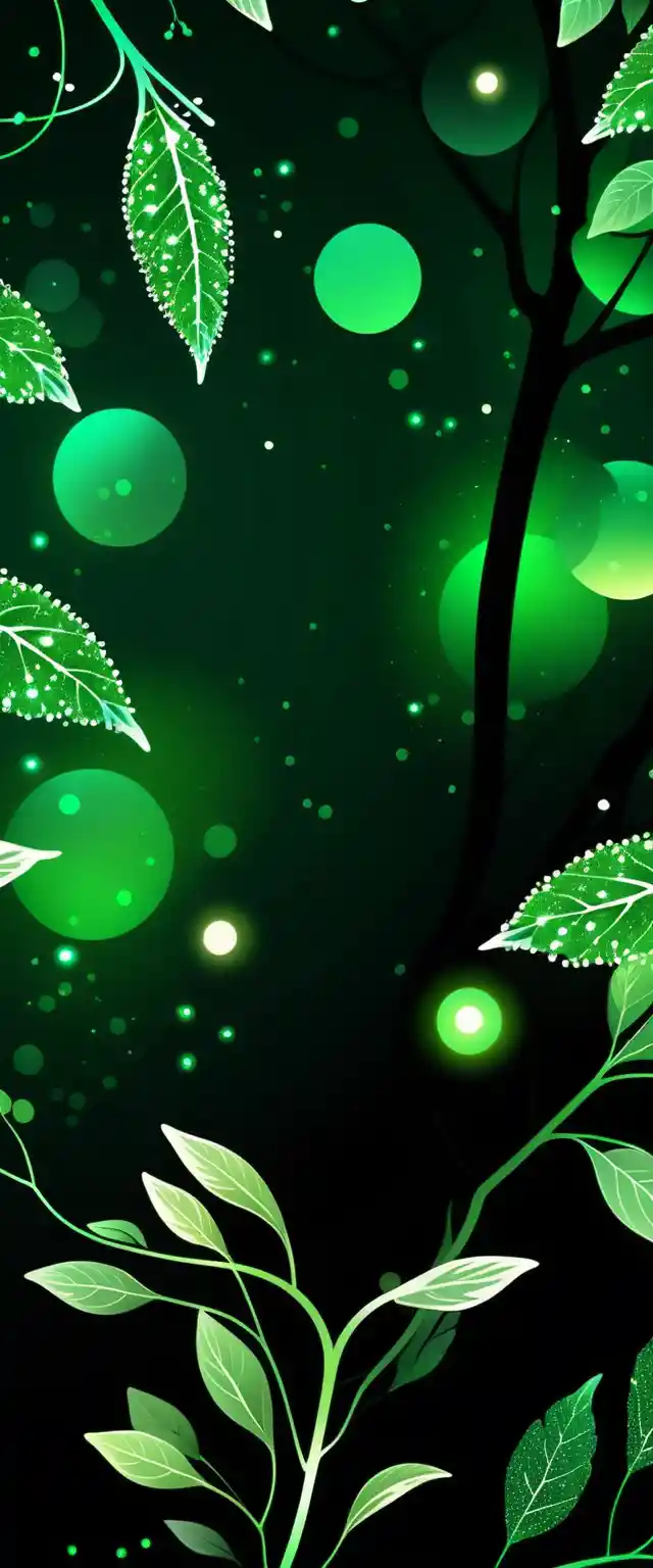 Glowing green leaf branch with sparkling digital particles