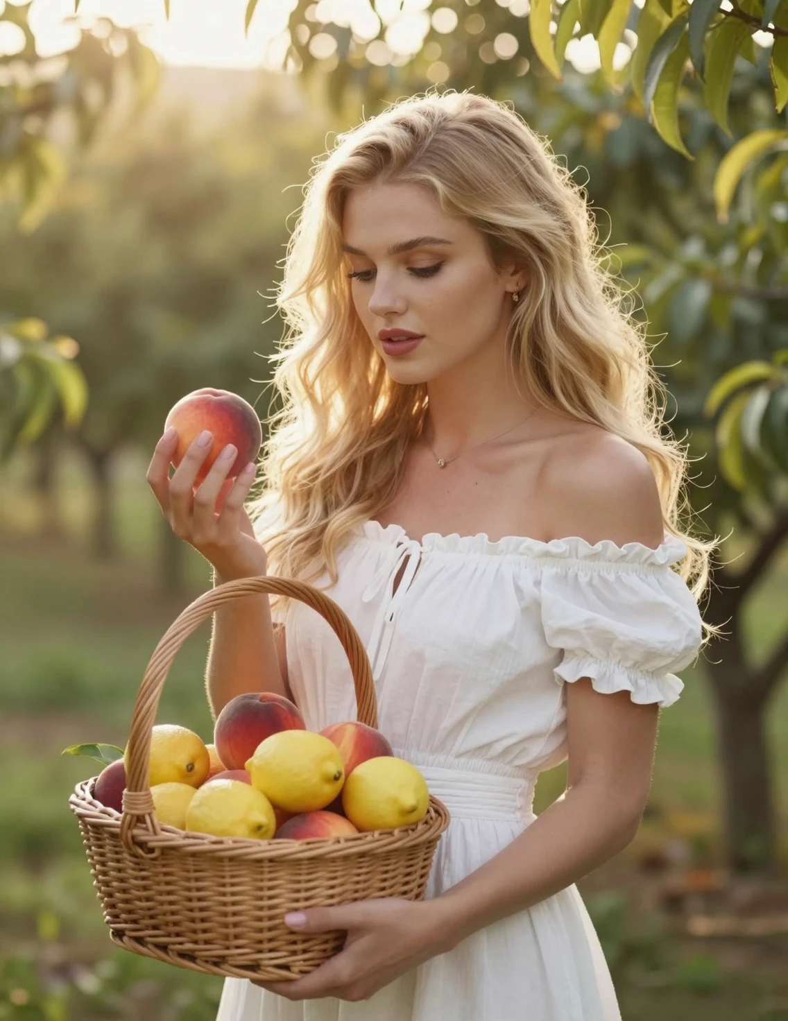 Joven mujer con cesta de frutas en un huerto soleado