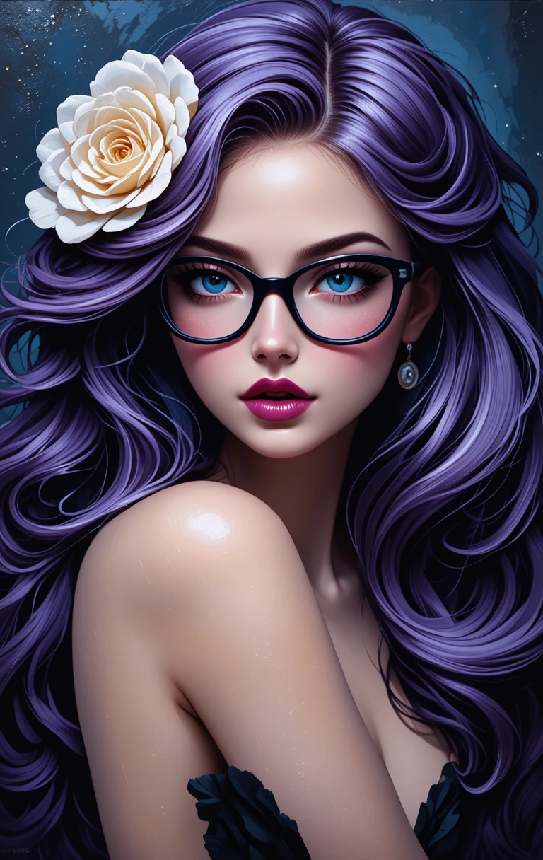 Bibliotecária em close com cabelo roxo ondulado e óculos marcantes