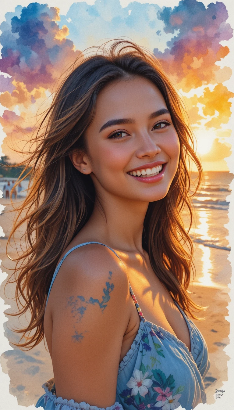 海灘上微笑女子的水彩人像